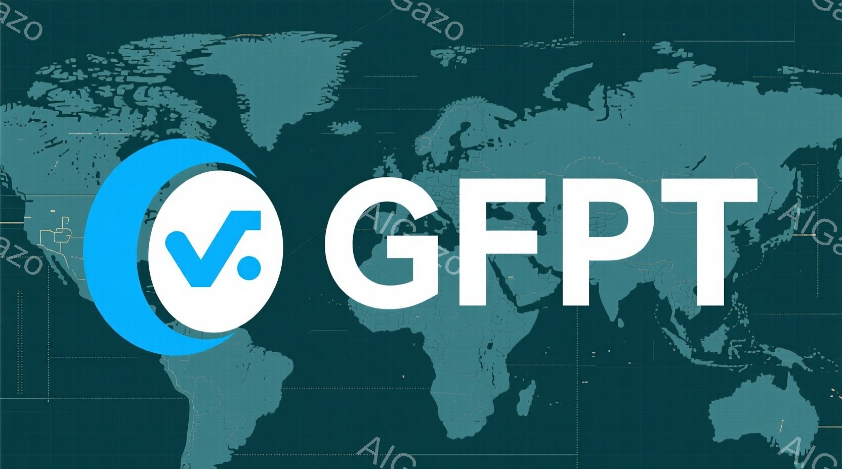 青緑色の世界地図を背景に、左上に大きな水色の円形のアイコンが配置されています。アイコン内には、白いチェックマークと「V」の文字が描かれており、シンプルでモダンな印象を与えます。背景の地図は詳細な大陸の形と境界線を示し、全体的に落ち着いた色調で統一されています。