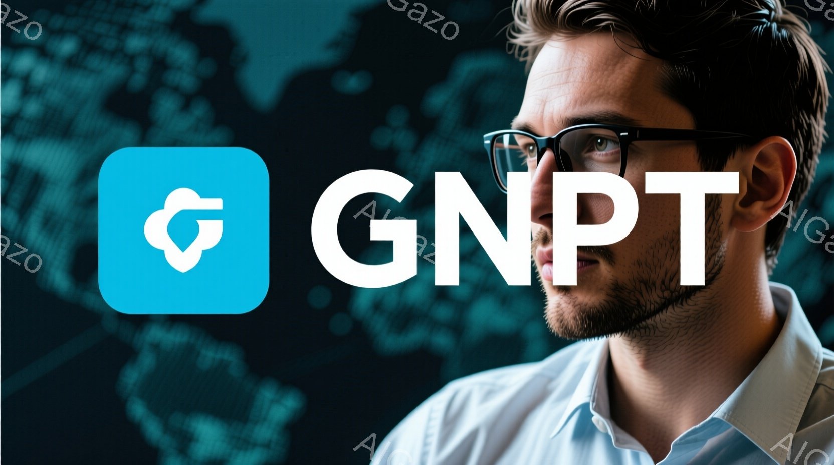 眼鏡をかけた男性が左側に写っています。彼は白いシャツを着ており、少し顎ひげを生やしています。背景には、ぼやけた世界地図のようなものが表示されており、全体的に落ち着いた雰囲気です。