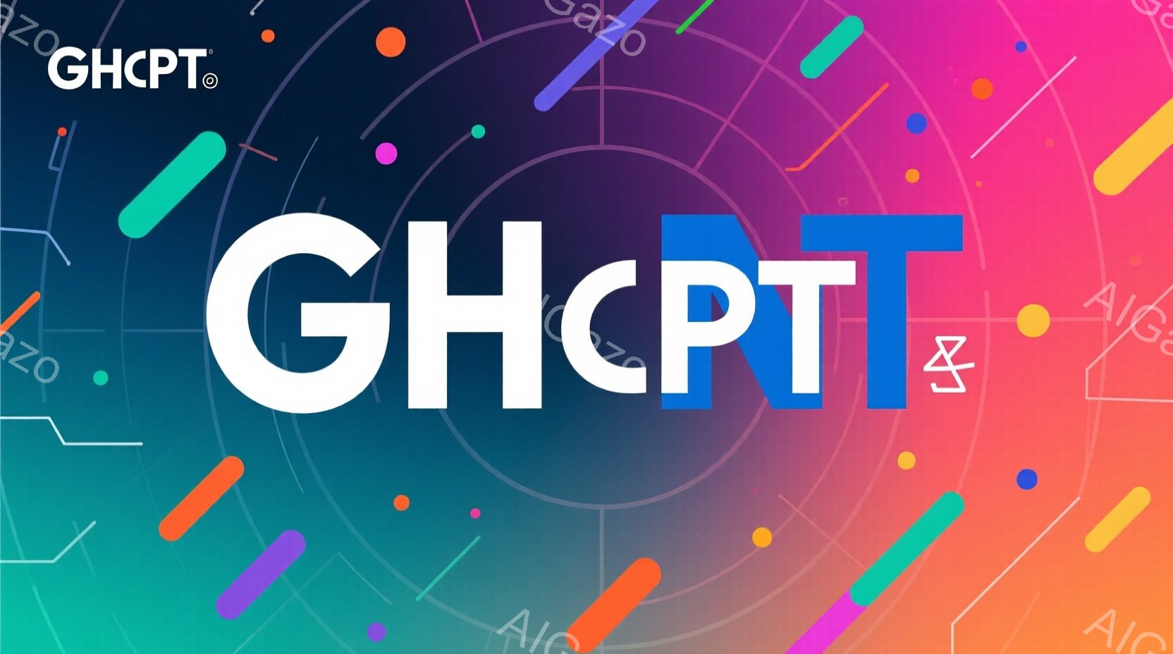 鮮やかな青と紫のグラデーションを背景に、「GHCPT」という白文字が大きく配置されています。背景には、様々な色の線や円が放射状に配置されており、モダンでテクノロジーを感じさせるデザインです。全体的に、 - AI生成フリー素材