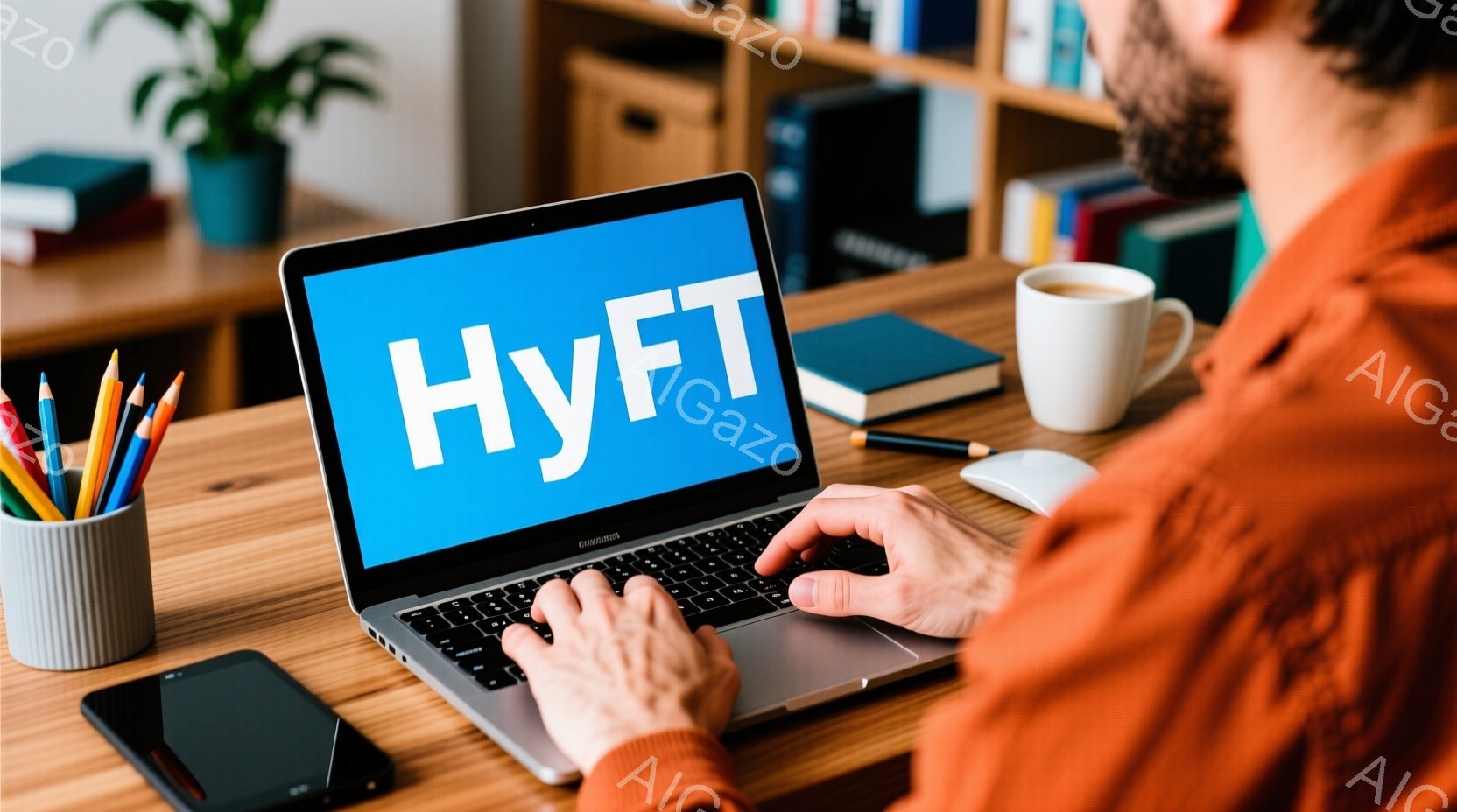 鮮やかなオレンジ色のシャツを着た人物が、ノートパソコンを操作している様子が写っている。机の上には、鉛筆立て、タブレット、本、コーヒーカップが置かれ、背景には本棚と植物が見える。全体的に暖色系の色彩で、落ち着いた雰囲気の作業空間が表現されている。