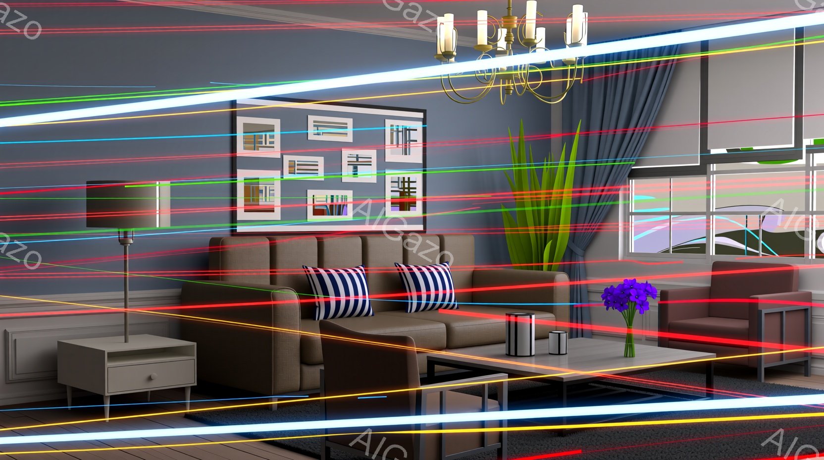 落ち着いた茶色のソファと、ストライプ柄のクッションが配置されたリビングルームです。壁には複数の絵画が飾られ、窓の外には自然の風景が見えます。明るい光が差し込む室内には、幾何学的な光線が走り、未来的な雰囲気を醸し出しています。