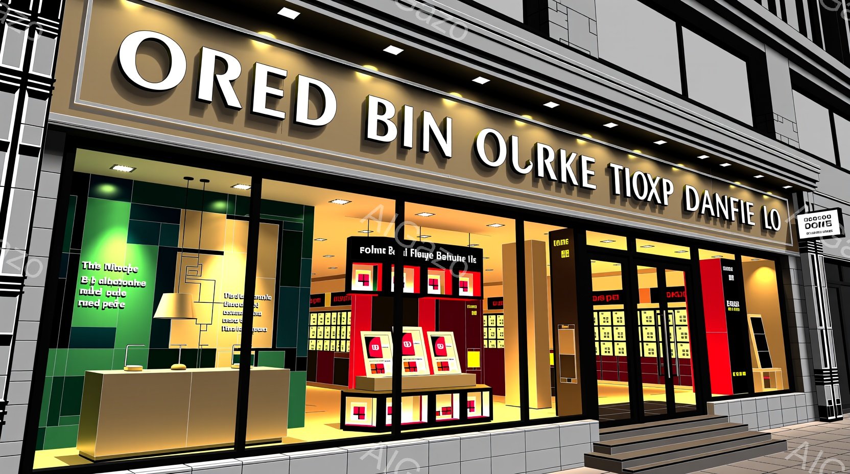 明るい照明が当たった店舗の外観を表しています。ショーウィンドウには赤い箱が整然と並べられ、現代的で洗練された印象を与えます。建物の外観は白を基調とし、ネオンサインがアクセントとなり、夜間でも目立つデザインになっています。