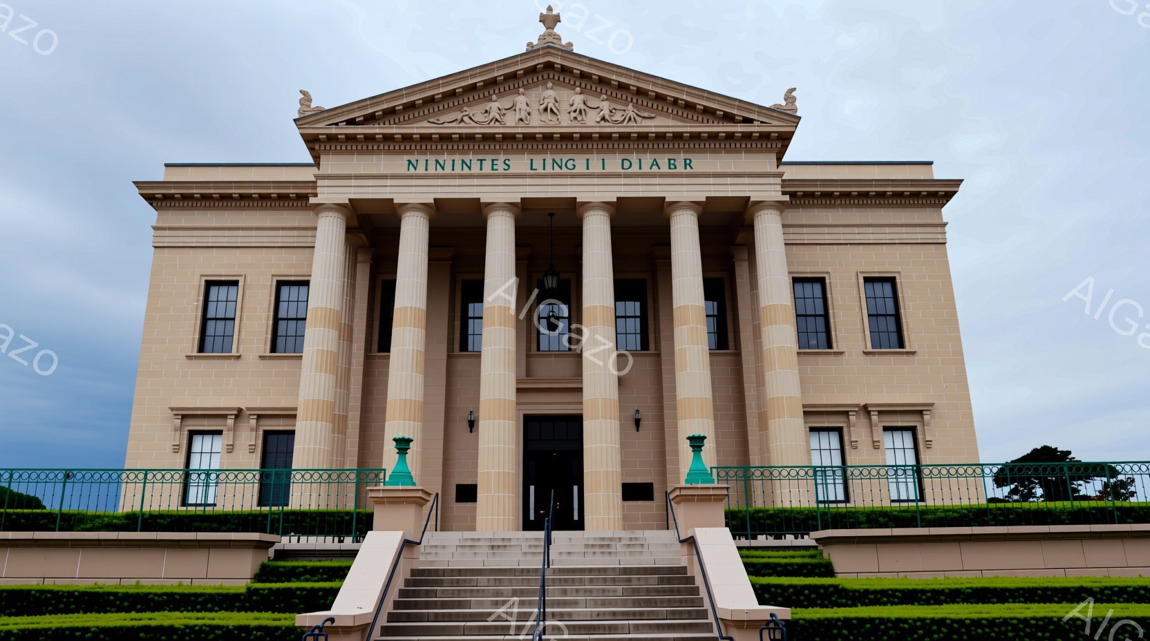 古典的な様式の建物が写っており、クリーム色の石造りで、柱が並んだ壮大な正面玄関が特徴です。建物の上部には文字が刻まれ、緑豊かな芝生と整えられた生垣が建物を囲んでいます。空は曇っていて、全体的に静かで威 - AI生成フリー素材