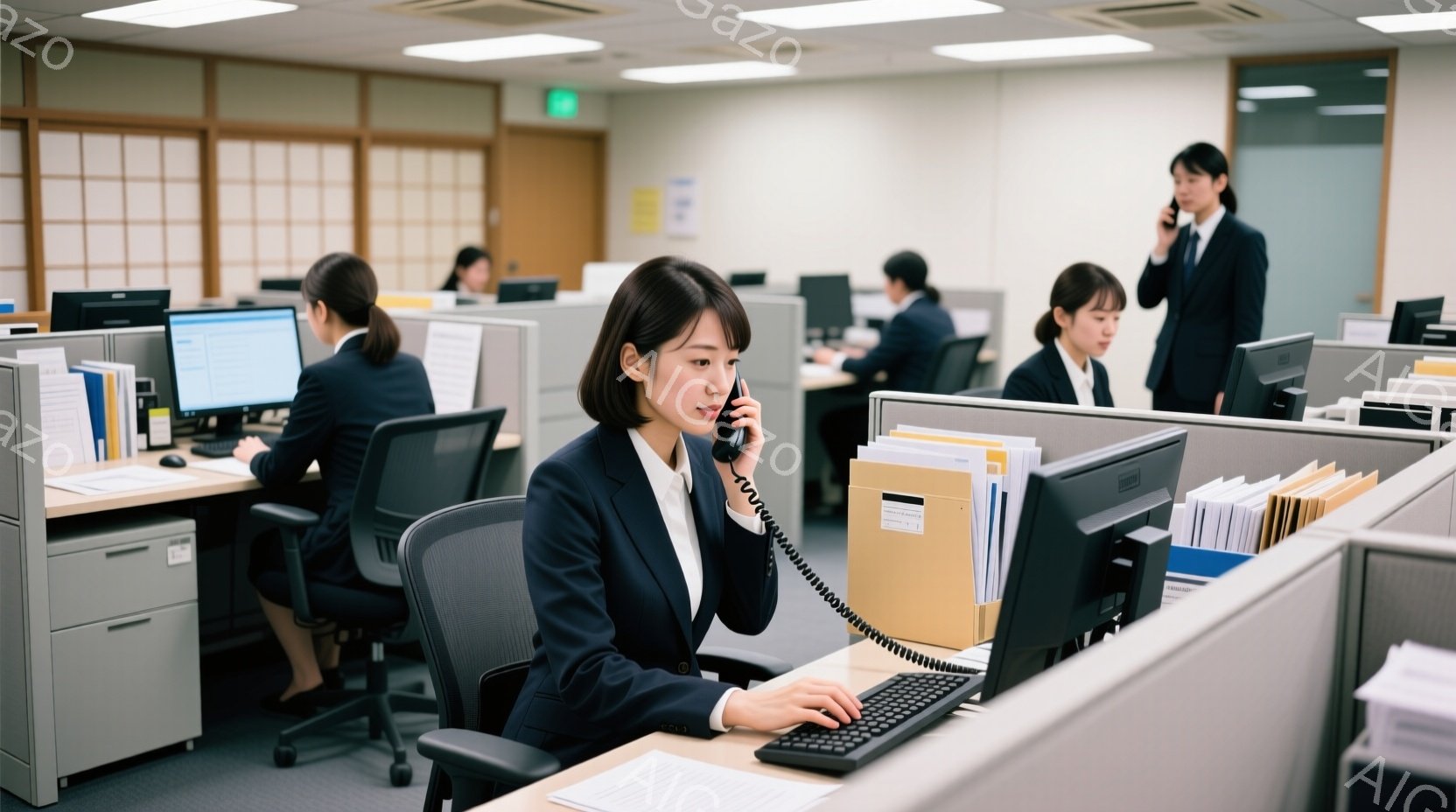 オフィスで働く人々の様子が写っています。女性たちは紺色のスーツを着用し、黒髪を短く整えています。彼女たちはコンピューターに向かい、電話で会話をしたり、キーボードを操作したりしており、真剣な表情で業務に - AI生成フリー素材