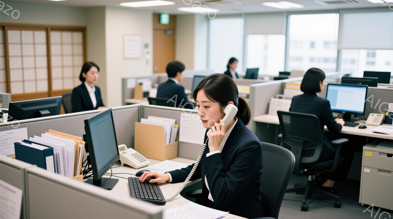 オフィスで働く女性が写っている。彼女は黒いスーツに白いシャツを着ており、髪は後ろでまとめられている。彼女は電話を受けながらパソコンのキーボードを操作しており、真剣な表情をしている。