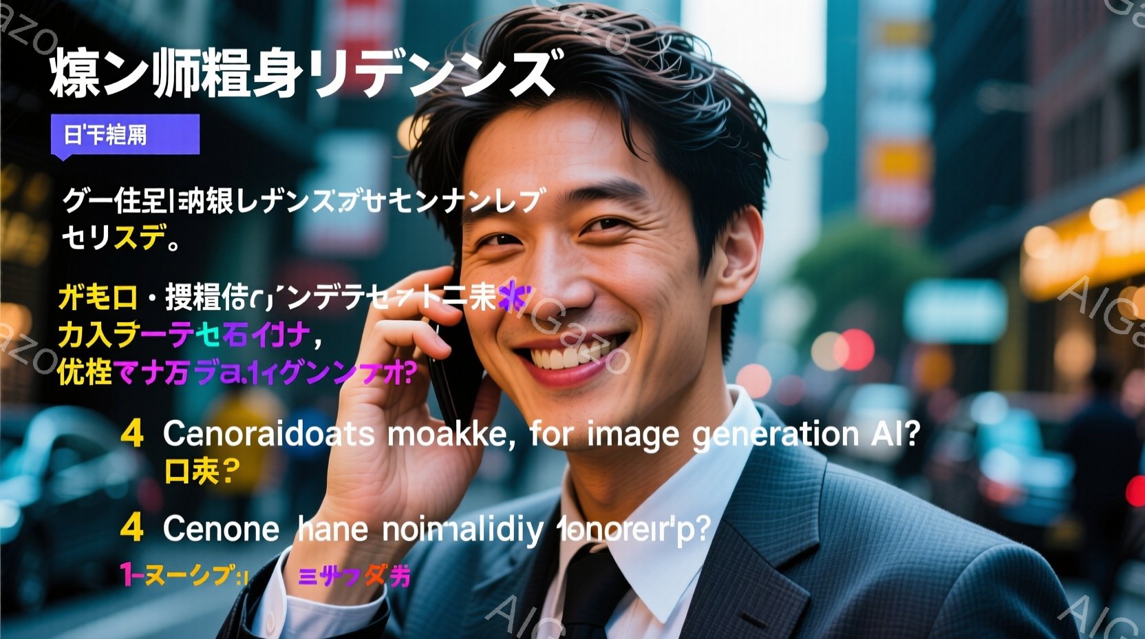 街中の賑やかな通りで、男性が笑顔で歩いている様子が写っている。彼はグレーのスーツにピンク色のネクタイを着用し、短髪で整髪されている。背景には高層ビルや商店が並び、晴天で活気のある雰囲気が漂っている。