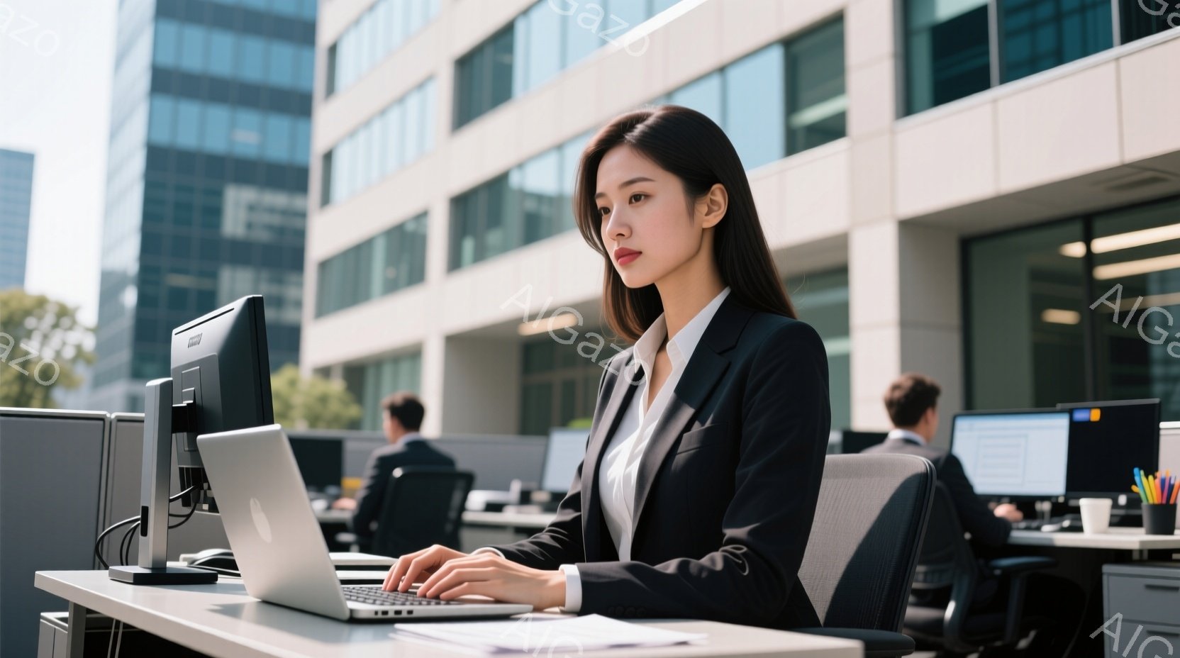 ビジネスウーマンがオフィスでノートパソコンを使用している様子が写っている。彼女は黒いスーツに白いシャツを着ており、髪はストレートで肩にかかっている。背景には、ガラス張りのモダンなビルと、ぼんやりと見え - AI生成フリー素材