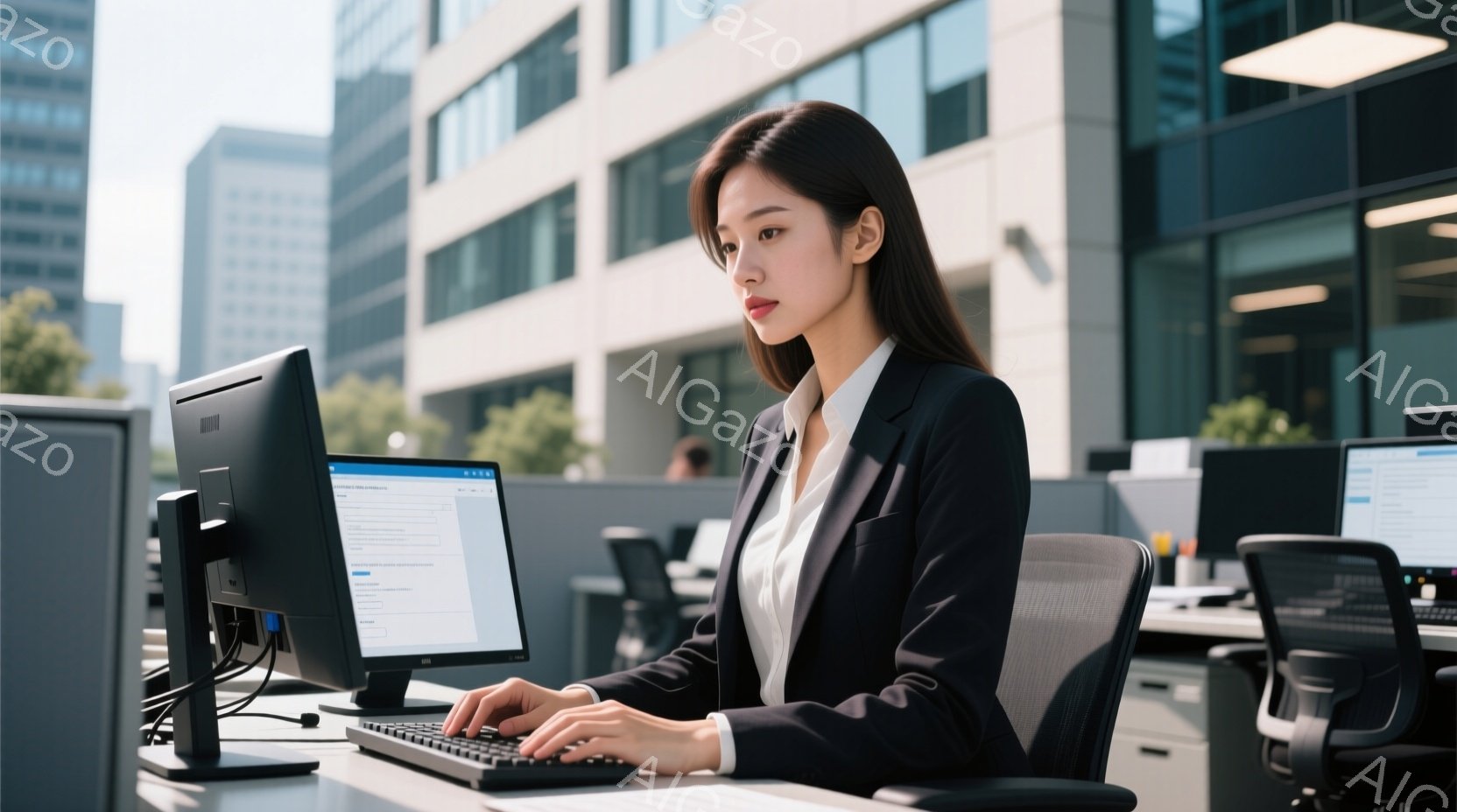 オフィスで働く女性が描かれています。彼女は白のブラウスに黒いジャケットとパンツスーツを着ており、髪は後ろでまとめています。集中した表情でキーボードを操作しており、周囲には他のデスクやオフィス機器が見え - AI生成フリー素材