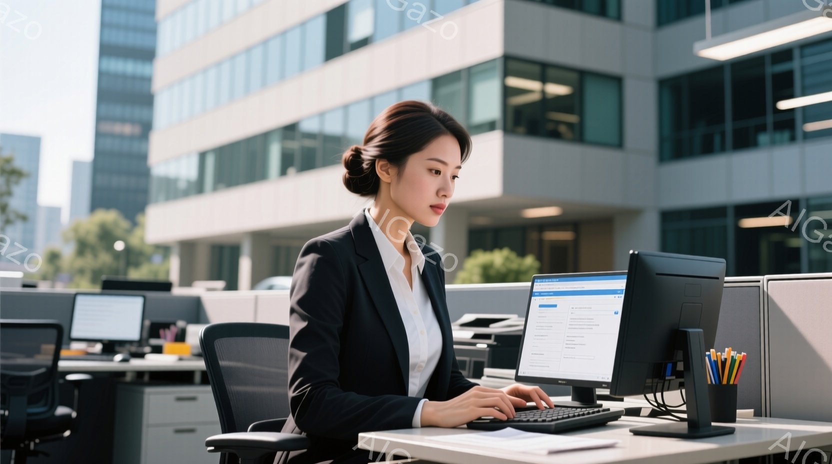 仕事場でコンピューターに向かう女性が写っている。彼女は白いシャツに黒いジャケットを羽織り、髪を後ろでまとめており、集中した表情でタイピングをしている。背景にはオフィスビルが並び、自然光が入る開放的な空間で、晴れた日の穏やかな雰囲気が漂っている。