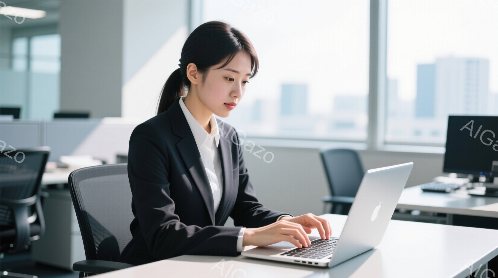 女性はオフィスでノートパソコンを使用しており、黒いスーツに白いシャツを着ています。彼女は髪を後ろでまとめ、真剣な表情でキーボードを見つめています。背景にはオフィス内の他のデスクや、窓から見える高層ビル - AI生成フリー素材