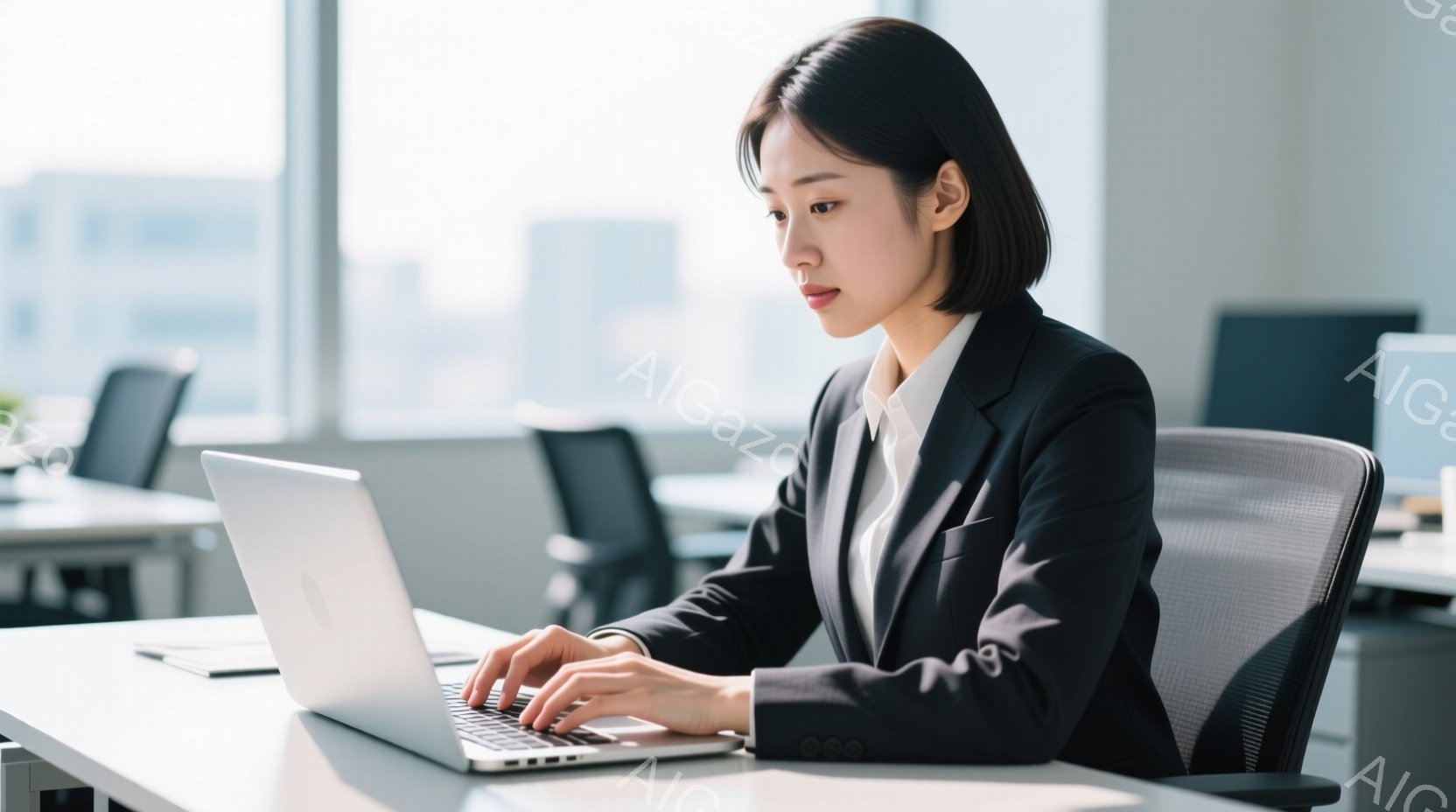 ビジネスウーマンがオフィスでノートパソコンに向かっています。彼女は黒いスーツと白いシャツを着ており、短くストレートの髪型です。窓の外には高層ビルが見え、明るい自然光が差し込み、仕事に集中している雰囲気です。