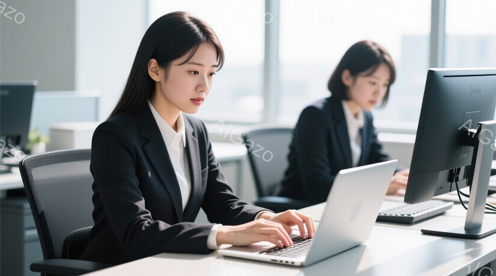 鮮やかなオフィスで、黒いスーツに白いシャツを着た女性がノートパソコンを操作している。彼女は真剣な表情でタイピングしており、姿勢は姿勢良く、集中している様子が伺える。背景には窓から差し込む自然光があり、 - AI生成フリー素材