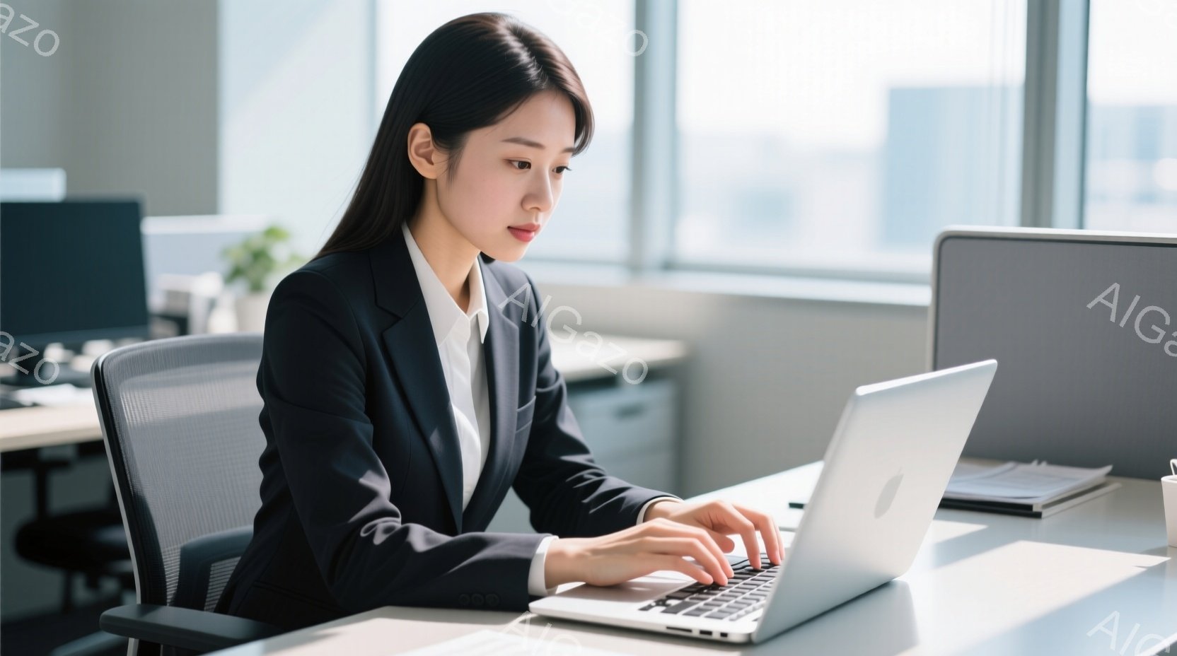 スーツ姿の女性が、オフィスでノートパソコンのキーボードを打っている様子が写っている。彼女は黒いジャケットと白いシャツを着ており、長い黒髪を後ろでまとめて、集中した表情で作業に取り組んでいる。背景には明 - AI生成フリー素材