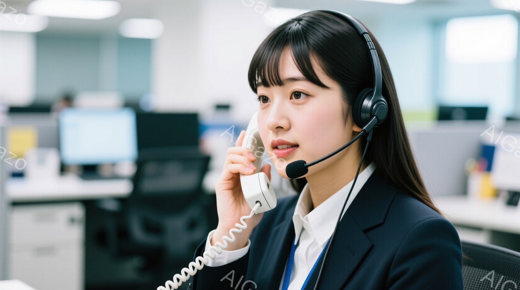 ヘッドセットを装着した若い女性が写っています。彼女は黒いジャケットに青いブラウスを着ており、前髪を斜めに流した黒髪が特徴的です。真剣な表情で電話を受けており、オフィスらしき背景には他の社員の姿も見えます。