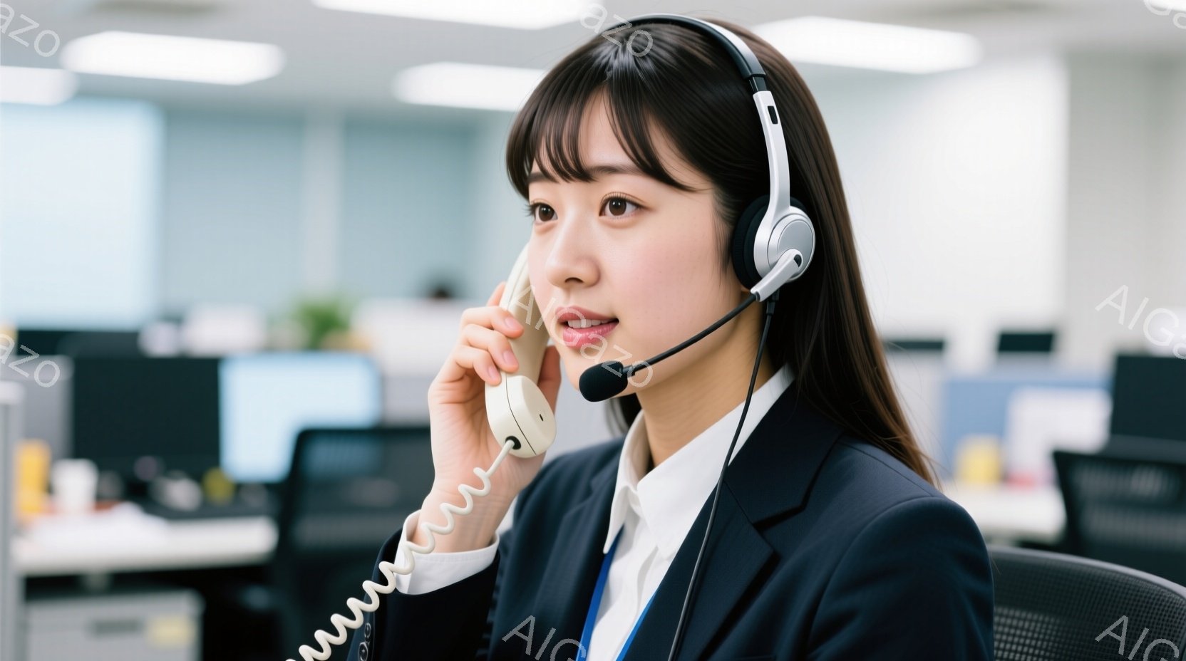 ヘッドセットを装着した若い女性が映っています。彼女は黒いジャケットと白いシャツを着ており、姿勢はまっすぐで、電話に話しかけています。背景にはオフィスがあり、多くのデスクとコンピューターが見え、全体的にプロフェッショナルな雰囲気が漂っています。
