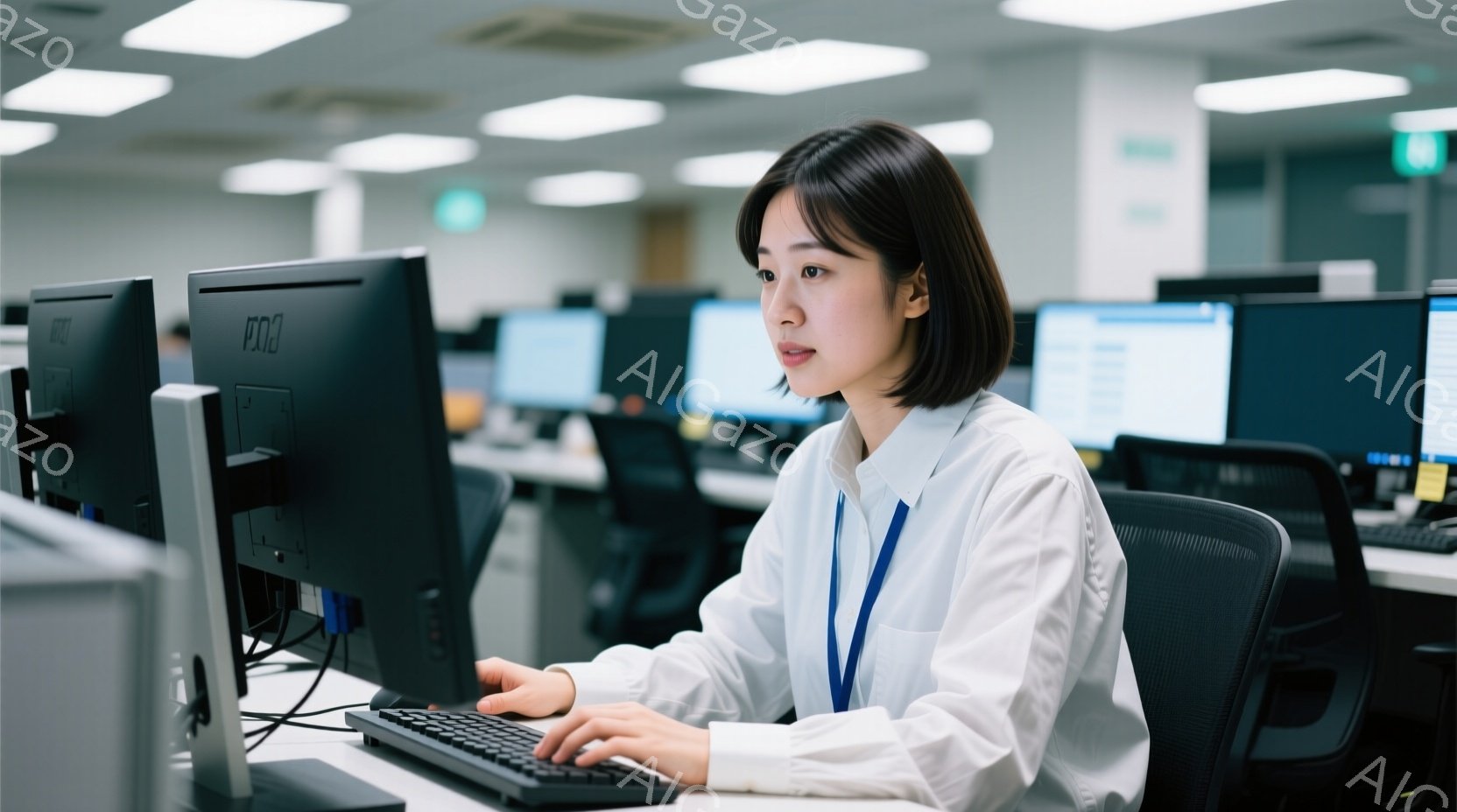 白いシャツを着た若い女性が、オフィスでコンピューターに向かってキーボードを打っています。彼女は短い黒髪で、やや真剣な表情をしています。背景には他のコンピューターとオフィスチェアが見え、全体的に落ち着い - AI生成フリー素材