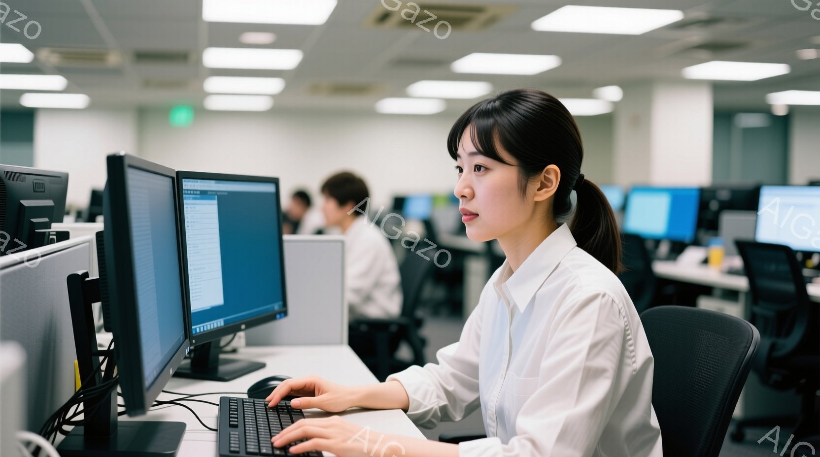 白いシャツを着た若い女性が、オフィスでコンピューターに向かってキーボードを操作している。彼女は髪を後ろで一つにまとめ、真剣な表情で画面を見つめている。背景には、他のオフィスワーカーや整然と並んだ机が見 - AI生成フリー素材