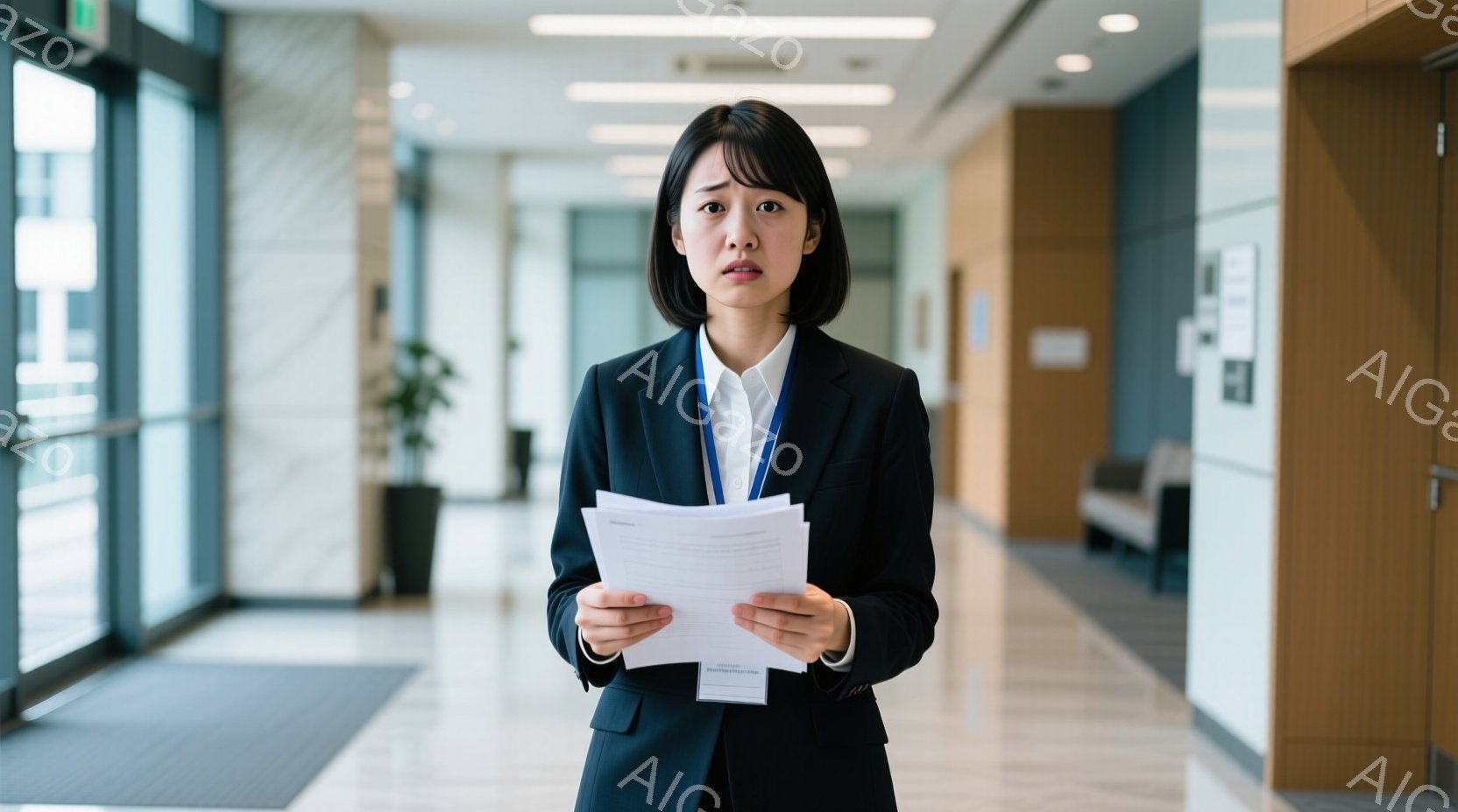 黒いスーツと白いシャツを着た女性が、書類を手に立っている。彼女は短髪で、やや心配そうな表情をしている。背景は近代的なオフィスビルの廊下で、大きな窓と木製のパネルが印象的だ。