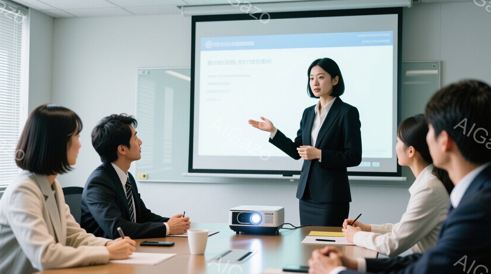 会議室で、一人の女性がプレゼンテーションをしている様子が写っている。彼女は黒いジャケットとスカートを着ており、髪は後ろでまとめて、自信を持って身振り手振りを交えて話している。 周囲には、黒いスーツを着た３人の男性がおり、彼女の話に注意深く耳を傾けている様子で、真剣な表情をしている。