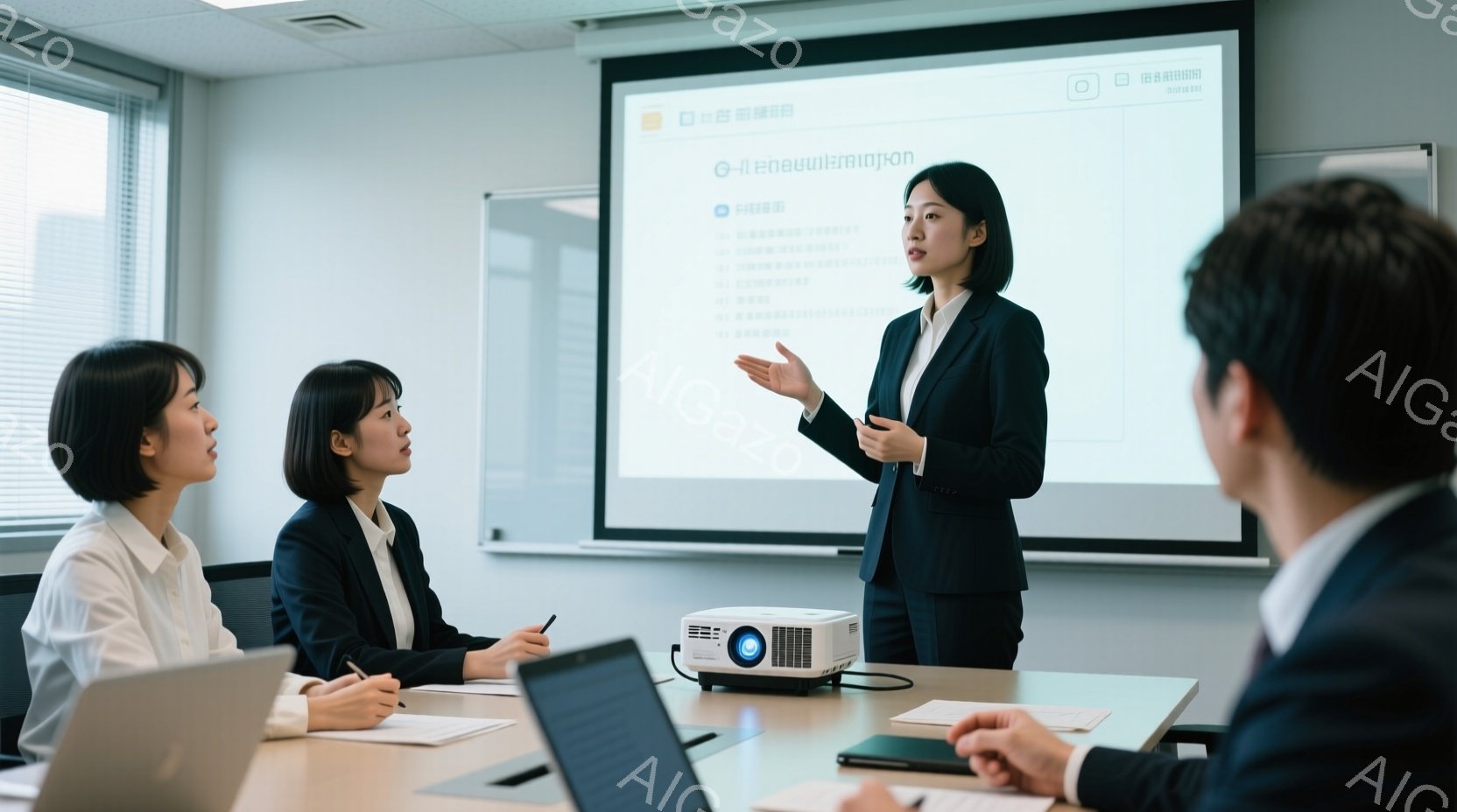 会議室で女性がプレゼンテーションをしている様子が写っています。彼女は黒いスーツを着ており、髪は後ろでまとめています。参加者たちはテーブルを囲んで座り、彼女の話に耳を傾けており、真剣な表情を浮かべています。
