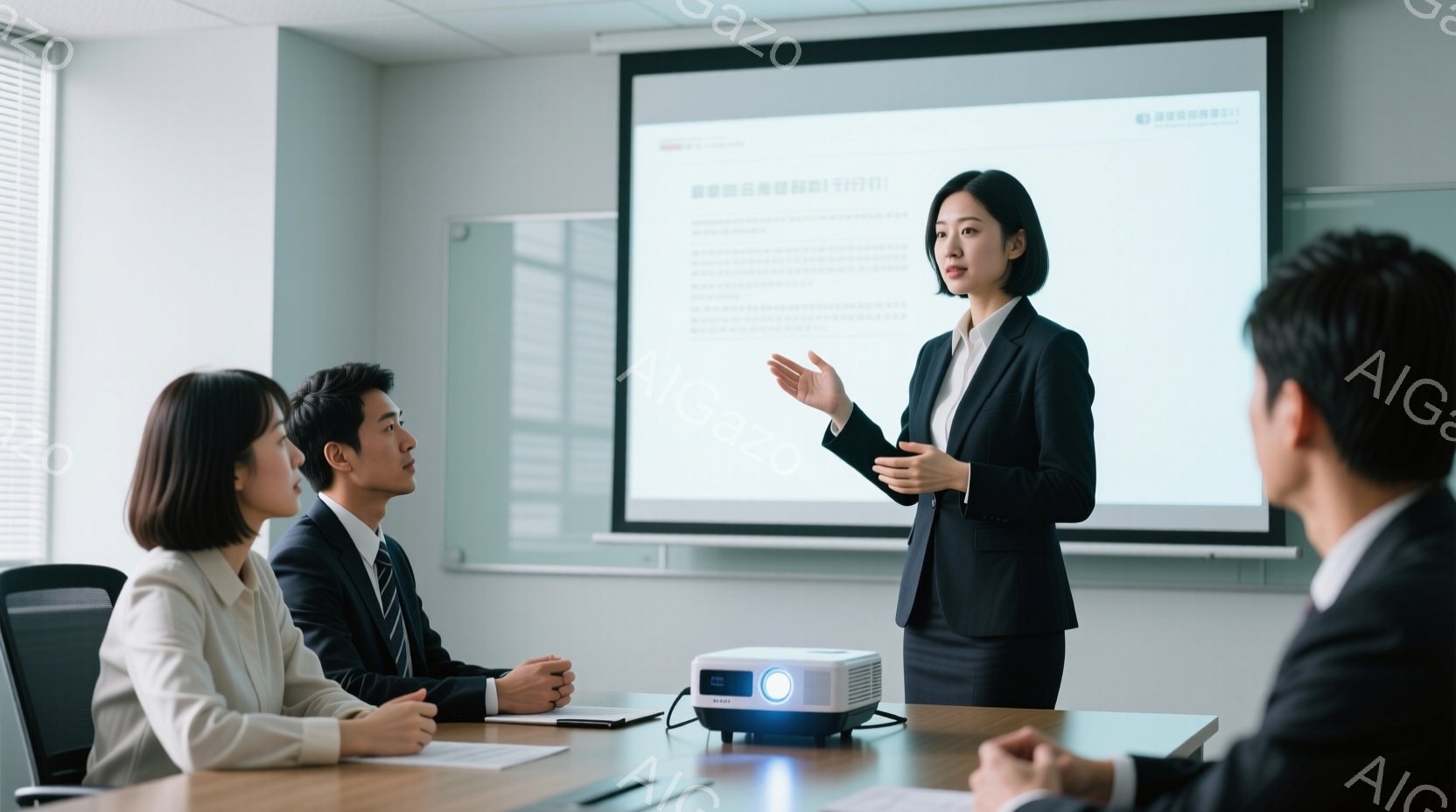 室内には、黒いスーツを着た女性がプレゼンテーションを行っており、片手を広げて何かを説明している様子です。彼女の前に座っているのは、スーツを着た男性と、薄いクリーム色のブラウスを着た女性で、真剣な表情で彼女の話を聞いています。背景には白い壁があり、プロジェクターでスクリーンに文字が映し出されており、全体的にビジネスライクで落ち着いた雰囲気です。