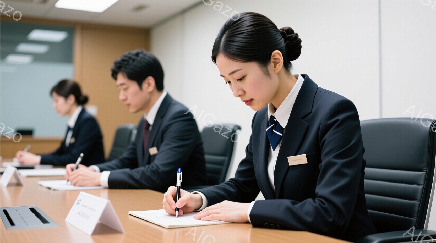 会議室で、紺色のスーツを着た男性と女性がテーブルを挟んで座っており、それぞれペンを持って何かを書き込んでいる。女性は髪を後ろでまとめ、集中した表情で書類に向かっている。背景は明るい木製のパネルで、全体 - AI生成フリー素材