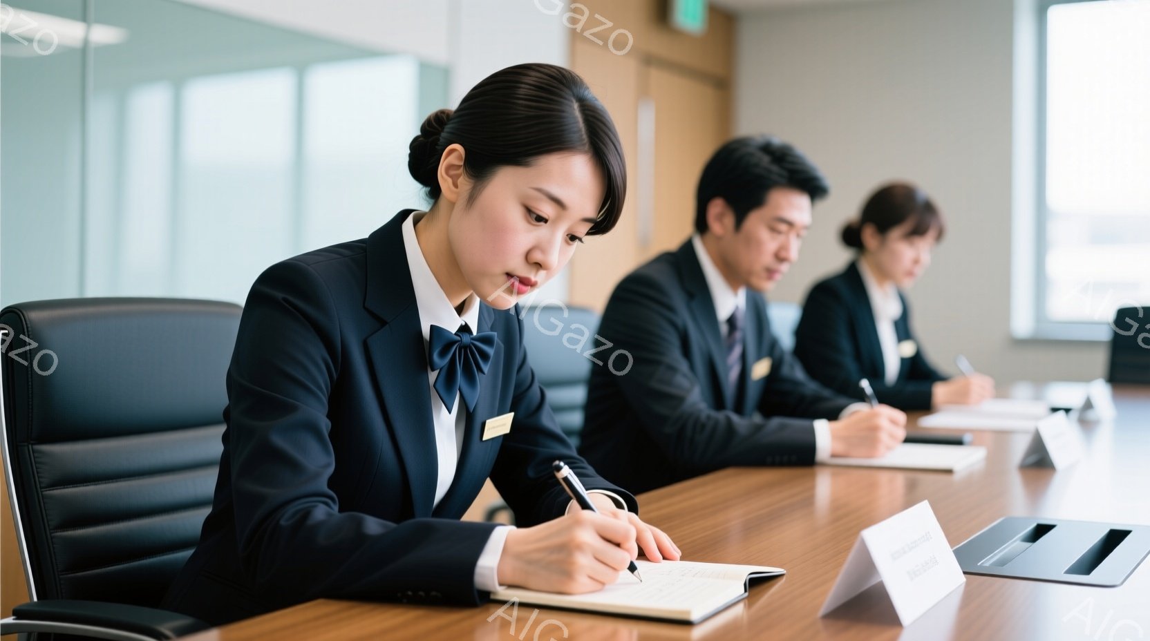 紺色のジャケットとスカートを着用した女性が、名刺が置かれた木製のテーブルに座り、ノートに何かを書き込んでいる。彼女は髪を後ろでまとめ、真剣な表情でペンを握っている。背景には、他の参加者と窓があり、室内は明るく、ビジネスミーティングのようなフォーマルな雰囲気が漂っている。