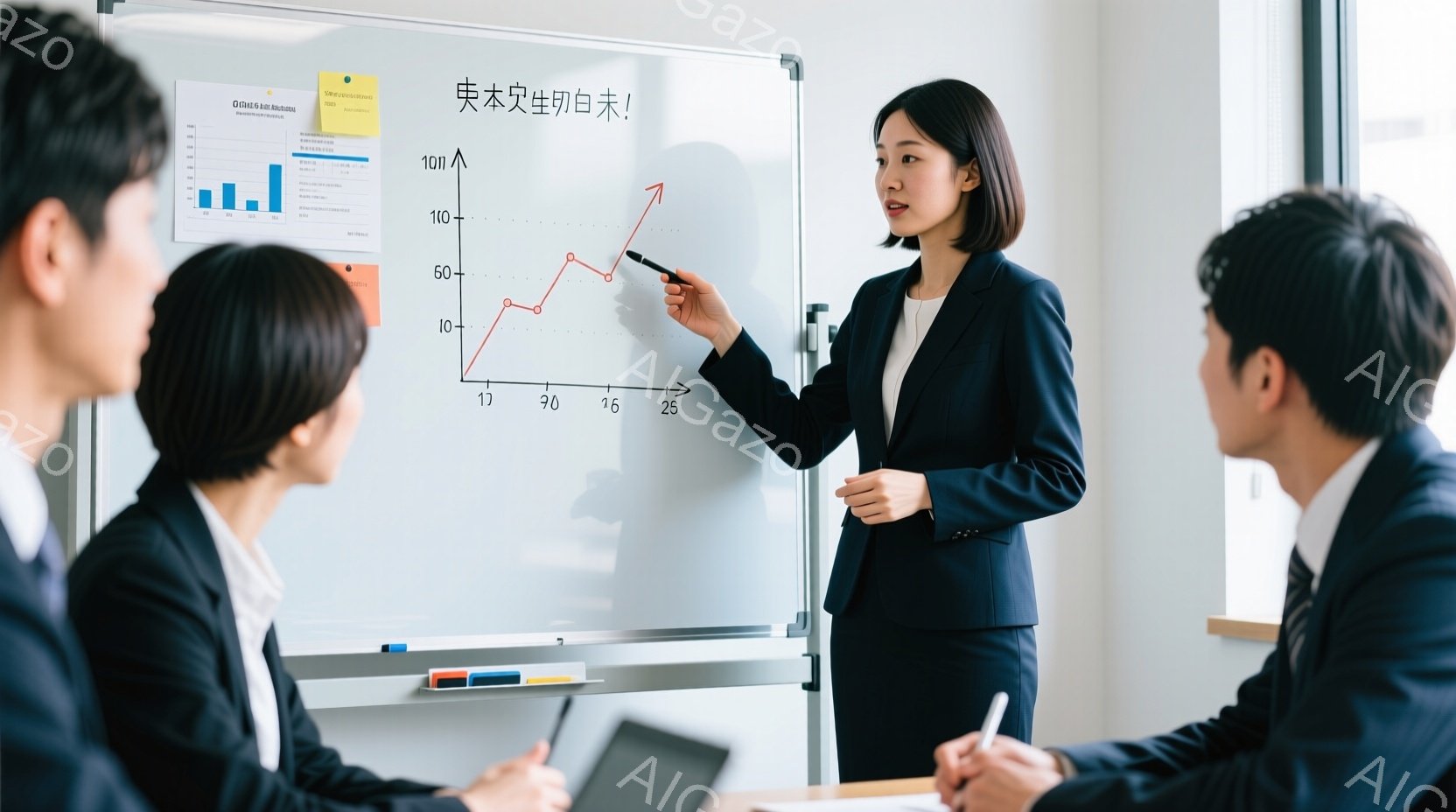 ビジネスウーマンがホワイトボードの前でプレゼンテーションを行っている様子が写っている。彼女は黒いスーツを着用し、髪は後ろでまとめられている。参加者は全員ビジネススーツを着ており、彼女の話に熱心に耳を傾けている様子がうかがえる。