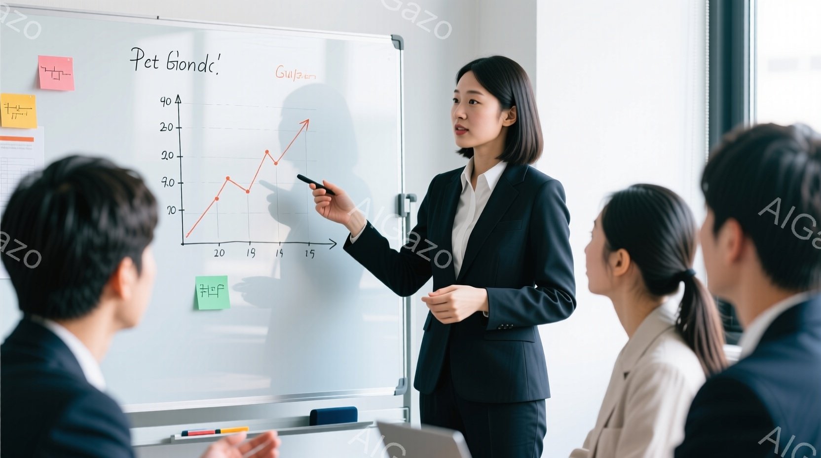 白い壁の前に立つ女性は、黒いスーツと白いブラウスを着ており、髪は後ろでまとめられています。彼女はプレゼンテーションをしており、グラフを指差しながら真剣な表情で何かを説明しています。背景には、他のビジネスマンが座っており、彼女の説明に耳を傾けています。