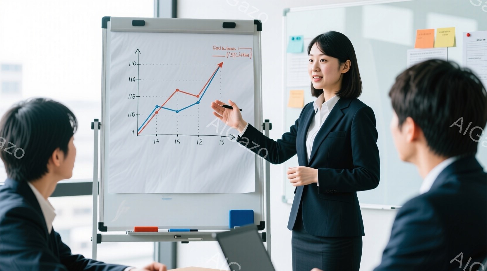 室内でビジネスミーティングが行われている様子で、一人の女性がホワイトボードの前でプレゼンテーションをしている。彼女は黒いスーツに身を包み、髪は後ろにまとめている。二人の男性は彼女のプレゼンテーションに注目しており、室内は明るく、現代的なオフィス空間である。