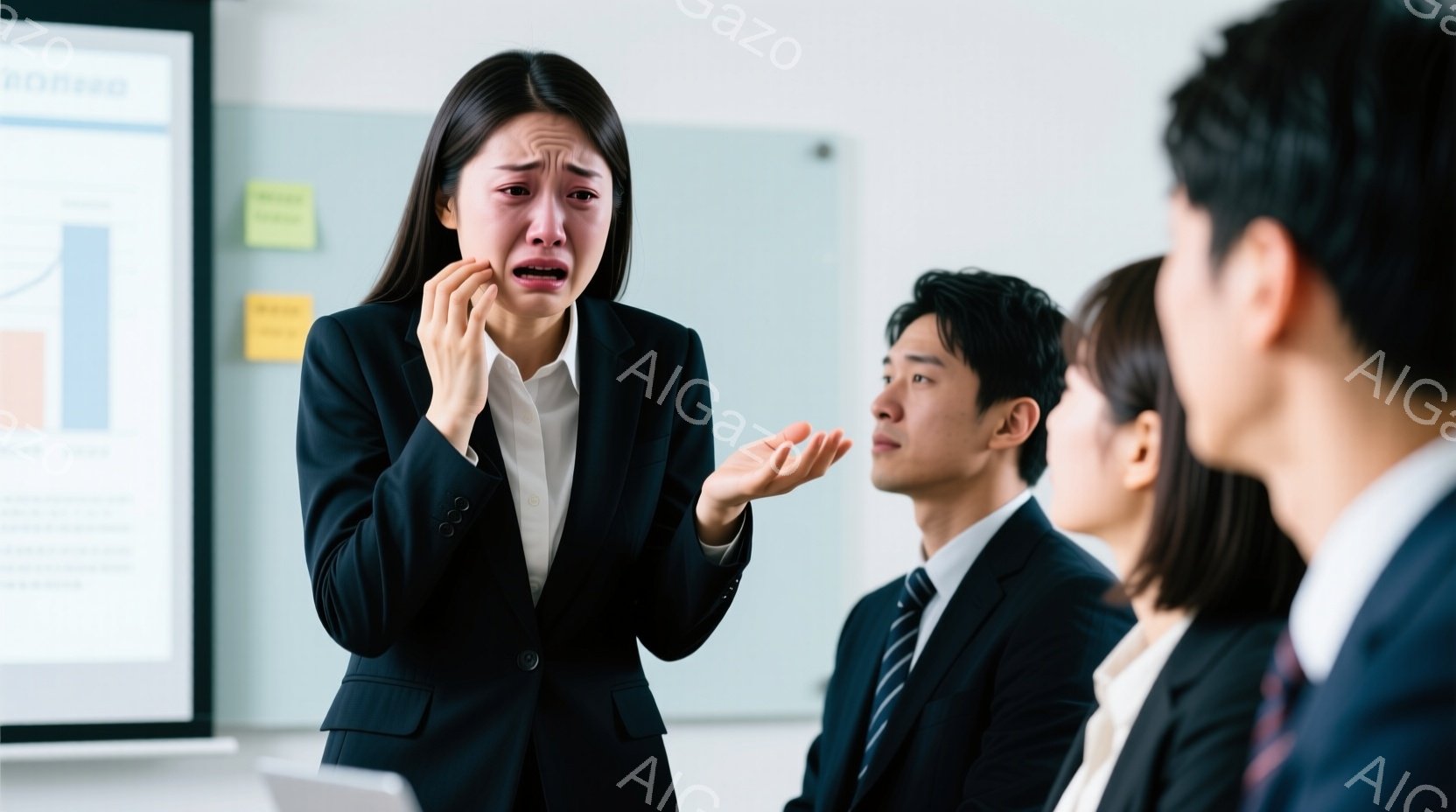 黒いスーツに白いシャツを着た女性が描かれており、彼女は涙を浮かべ、顔をしかめています。彼女は左手を頬に当てて苦悩を表しており、他の2人のビジネスマンはスーツを着て彼女を見つめています。背景にはグラフが描かれたホワイトボードがあり、全体的に緊迫感と悲しみが漂うオフィス内の雰囲気です。