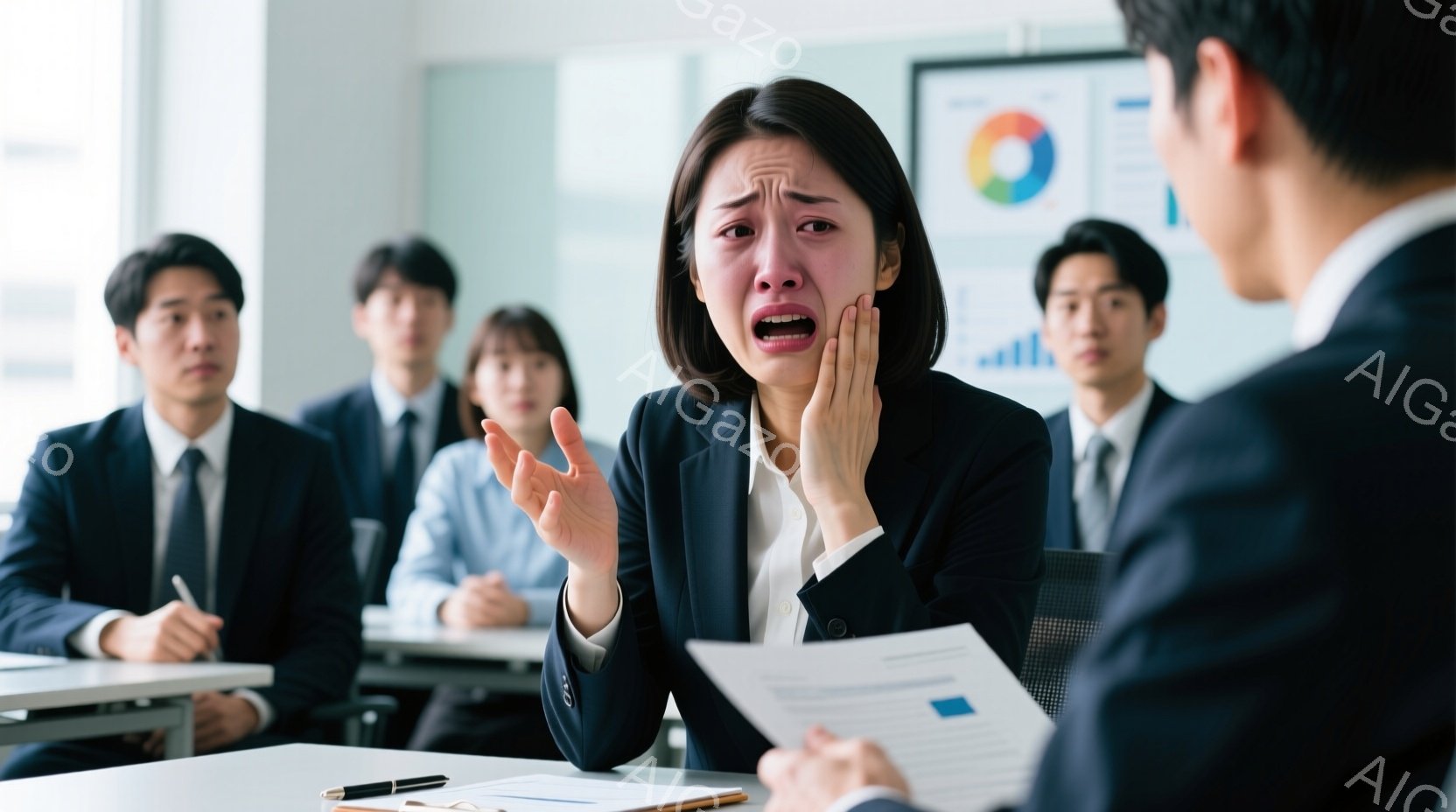 女性は黒いジャケットと白いブラウスを着ており、非常に悲しそうな表情で口を開けて泣いています。彼女は片手を顔の横にあて、もう片方の手で何かを説明しているようです。背景には、制服を着た男性たちが机に向かって座っており、会議室のような場所で、緊迫した雰囲気が漂っています。