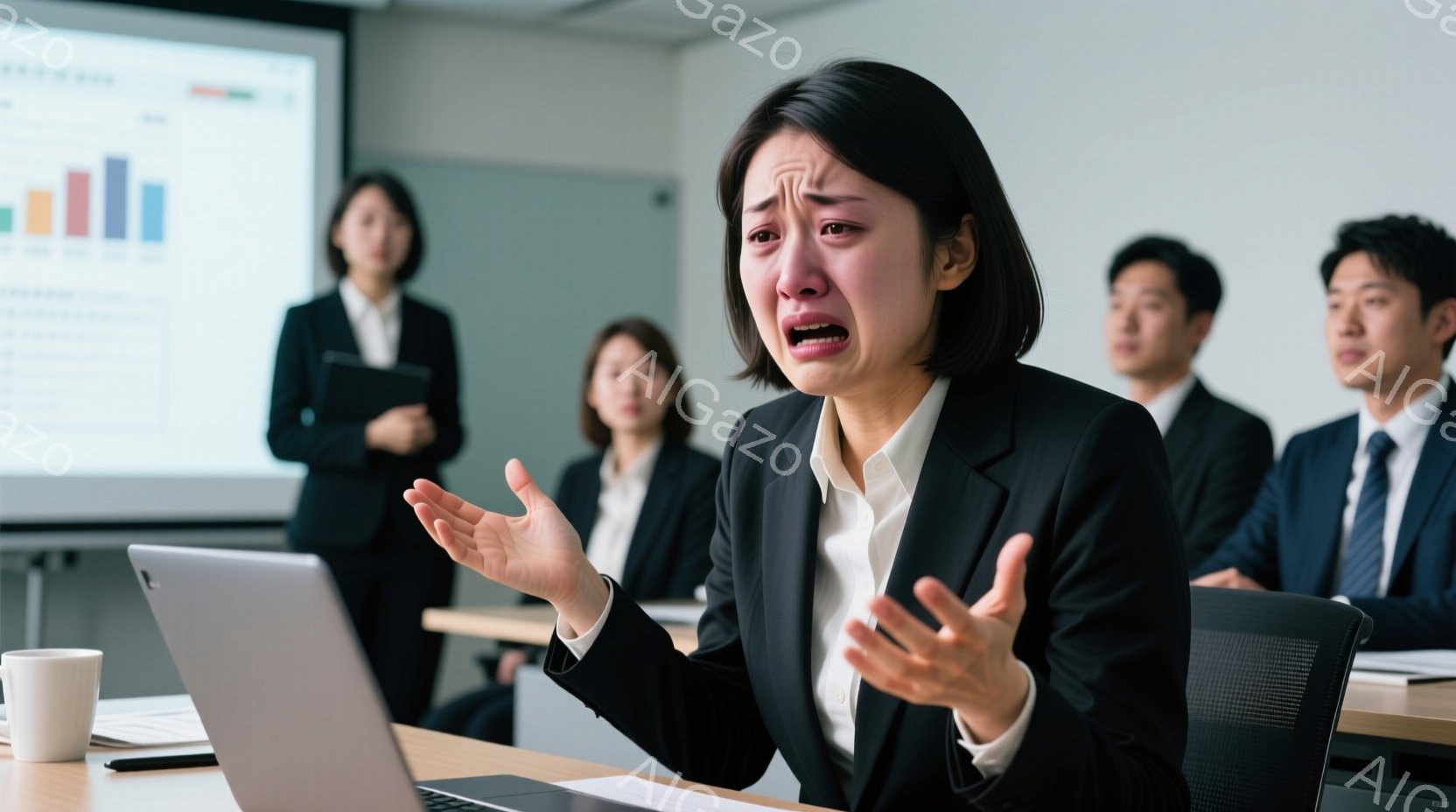 ビジネススーツを着た女性が、困惑した表情で両手を広げています。彼女の前にはノートパソコンがあり、背景にはプレゼンテーションのスライドが映し出されたスクリーンと、他のビジネスマンの姿が見えます。全体的に、困難な状況に直面している女性の、緊迫した雰囲気の会議室の様子が伺えます。