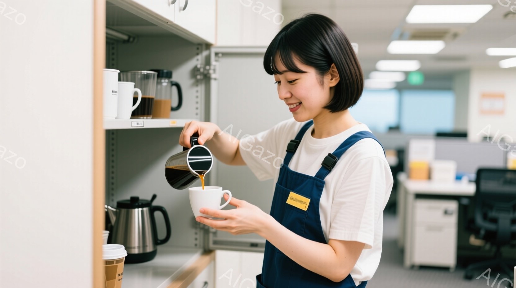 女性は白いTシャツに紺色のエプロン姿で、白いカップにコーヒーを注いでいる。彼女は短髪で、微笑んでおり、リラックスした雰囲気で作業しているようだ。背景には棚やオフィス家具が見え、明るく清潔なオフィス内で - AI生成フリー素材