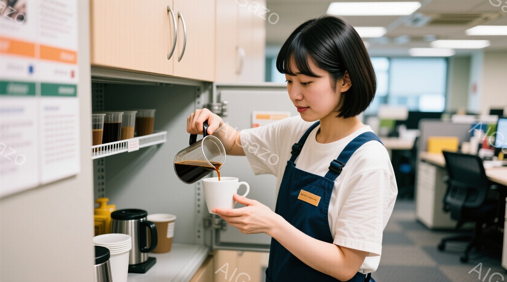 女性は白いTシャツと紺色のエプロンを着て、コーヒーを白いカップに注いでいます。彼女は短くダークブラウンのヘアスタイルで、集中した表情でコーヒーを注ぐ動作を行っています。背景にはコーヒーカップが並んだ棚とオフィスらしき空間が広がり、穏やかで日常的な雰囲気が感じられます。