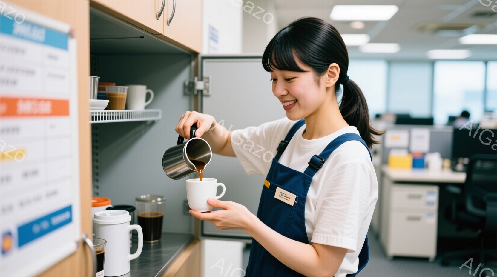 女性は白いシャツと濃い青色のエプロンを着て、白いマグカップにミルクを注いでいる。彼女は明るい笑顔を見せ、髪は後ろでポニーテールに結ばれている。背景にはオフィス内の棚と他の人々が見え、全体的に明るく活気のある雰囲気である。