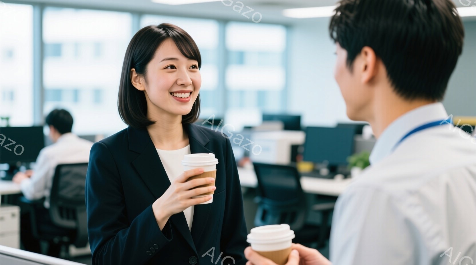 女性は黒いジャケットと白いブラウスを着ており、笑顔でコーヒーカップを持っています。彼女は誰かと会話しているようで、少し体を傾けて相手に注目しています。背景にはオフィス空間が広がり、他の従業員が作業している様子が見えます。