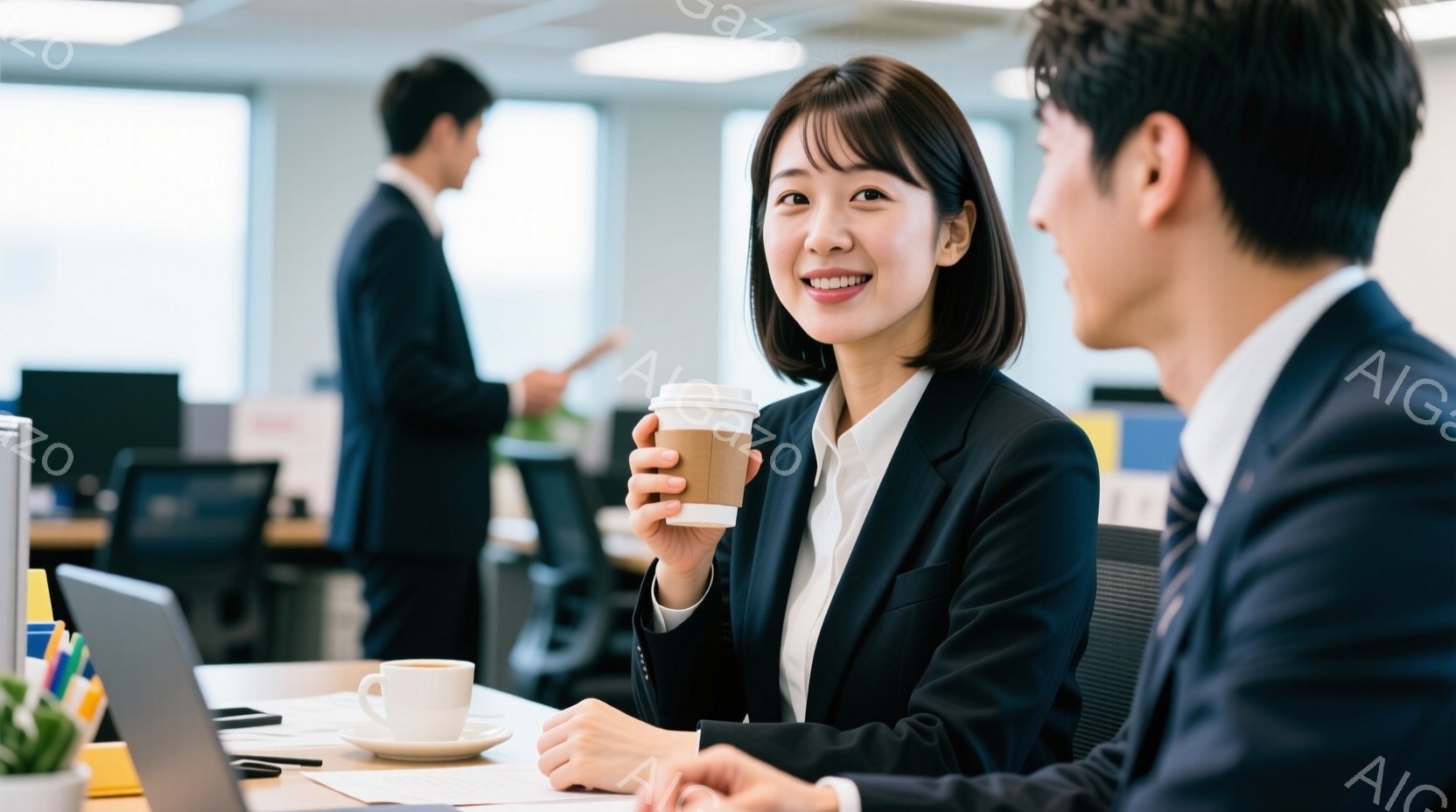 鮮やかな笑顔を浮かべた女性が、紙コップに入ったコーヒーを手にしている。彼女は黒いジャケットと白いシャツを着ており、ショートヘアでビジネスシーンにふさわしい装いをしている。背景にはオフィスらしき空間が広がり、他の社員も確認できる。