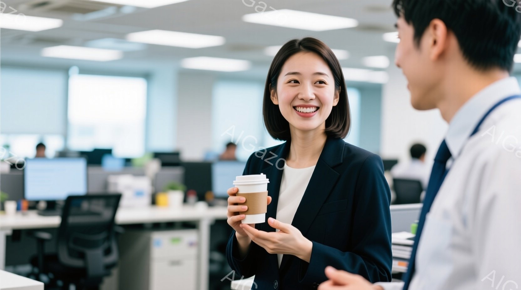 女性は紺色のジャケットと白いブラウスを着て、笑顔で紙コップを持っています。彼女は誰かと話しているようで、明るく穏やかな表情をしています。背景にはオフィス内のデスクやパソコンが並び、清潔感のある空間が広 - AI生成フリー素材