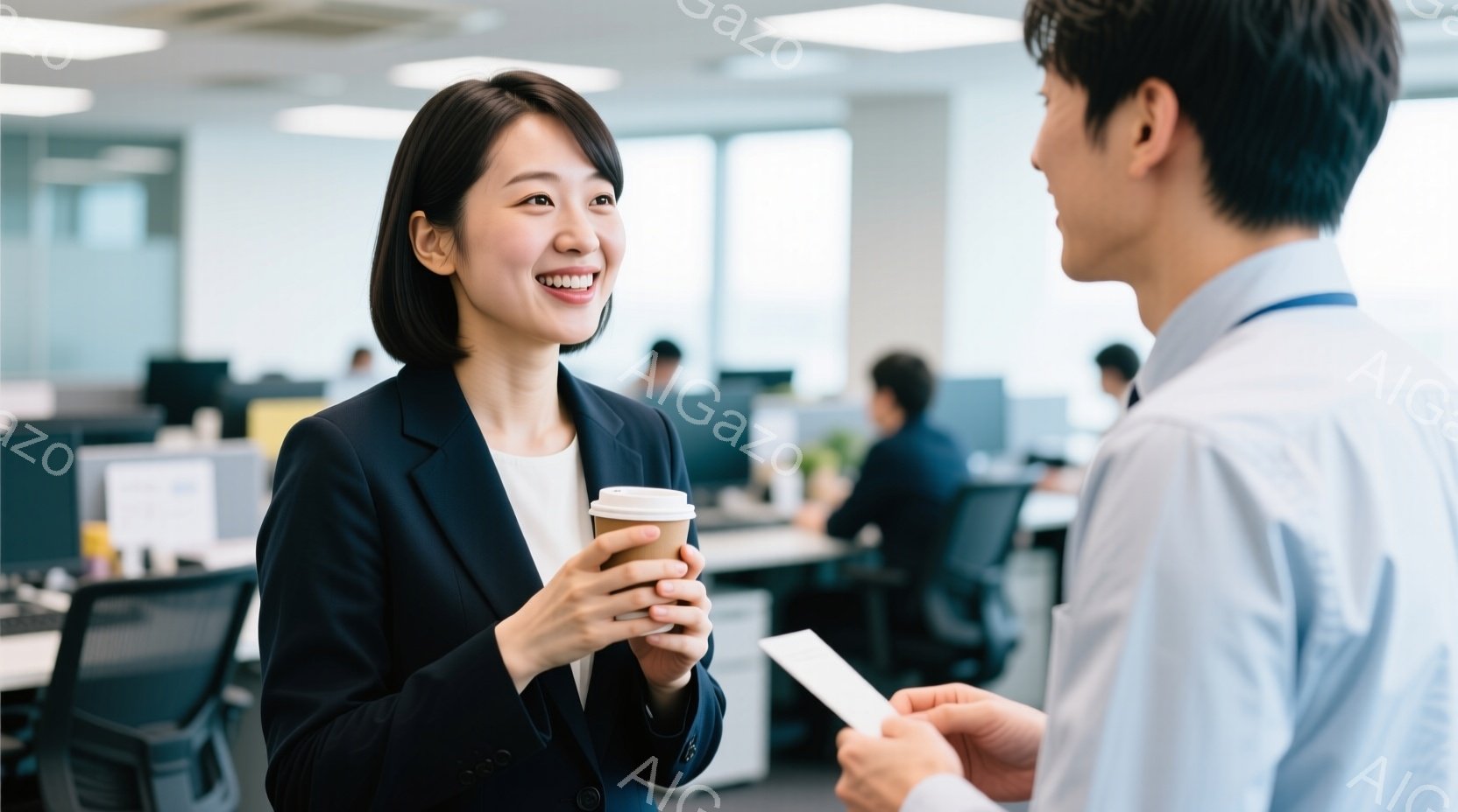 女性は黒いジャケットと白いシャツを着ており、紙コップを手に微笑んでいます。男性は白いシャツを着てカードを受け取ろうとしており、二人はオフィス内で会話を楽しんでいるようです。背景には他の従業員やデスクが写っており、活気のある職場環境が伺えます。