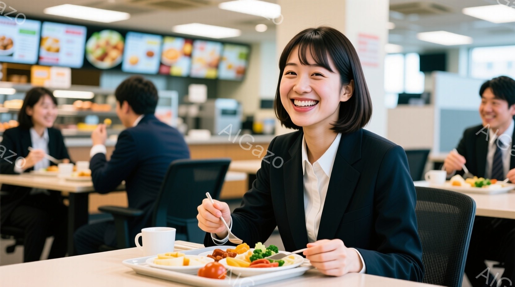 明るい笑顔を浮かべた若い女性が映っています。彼女は黒いスーツに白いシャツを着ており、短めの黒髪で、食事を楽しんでいる最中です。背景には、他のビジネスマンも食事をしており、清潔感のある食堂のような場所で - AI生成フリー素材