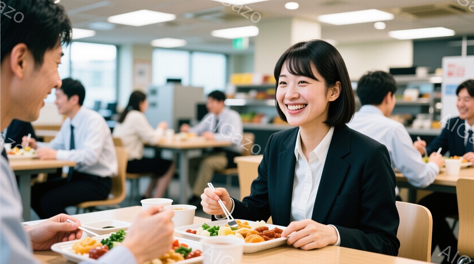 ビジネススーツを着た女性が食事をしている様子が写っています。彼女は明るい笑顔で、フォークとスプーンを使って色とりどりの食事を楽しんでいます。背景には、同じように食事をしている他のビジネスマンたちがおり - AI生成フリー素材