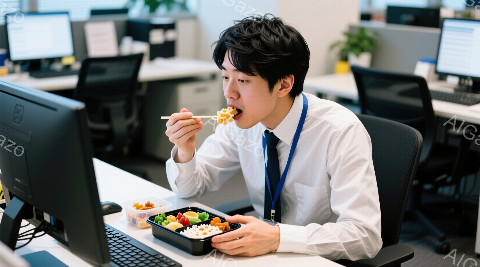一人の男性がオフィスで食事をしている様子が写っている。彼は白いシャツにネクタイ、黒い髪型で、弁当箱から箸で料理を取って食べている。背景には他のオフィスの机とコンピューターが見え、全体的に仕事中に手早く食事をとる、といった日常的な光景がうかがえる。