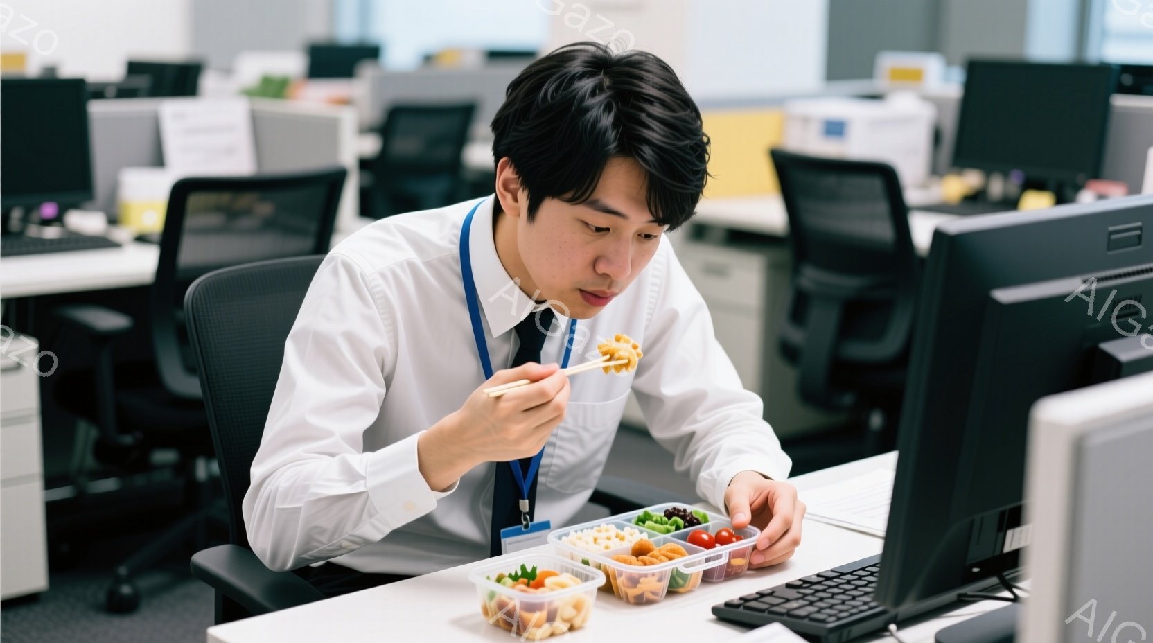若い男性がオフィスで弁当を食べている。彼は白いシャツにネクタイ、IDカードを首から下げ、集中した表情で箸で弁当の具を口に運んでいる。背景には他の社員のデスクが並び、オフィス内の日常的な雰囲気が感じられる。