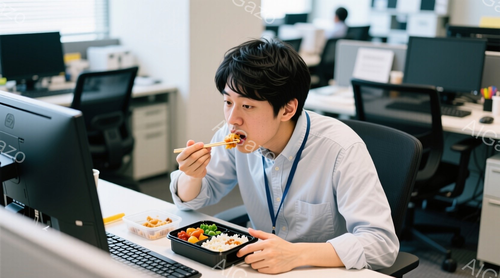 若い男性がオフィスで弁当を食べている。彼は青いシャツを着ており、黒い髪を短く整え、集中して食事をしている表情をしている。背景には他のオフィスワーカーやデスク、コンピューターが見え、現代的なオフィス環境 - AI生成フリー素材