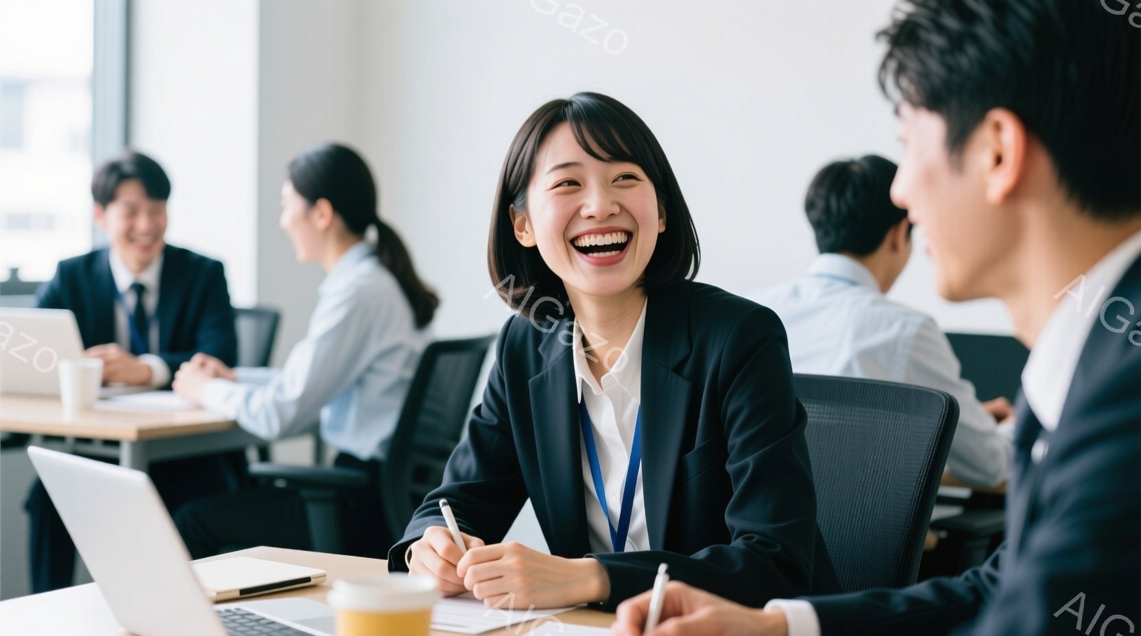 室内でビジネスミーティングが行われており、一人の女性が笑顔で話している様子が映っている。彼女は黒いジャケットと白いシャツを着ており、髪は短く、明るい表情をしている。他の参加者はビジネススーツを着ており - AI生成フリー素材