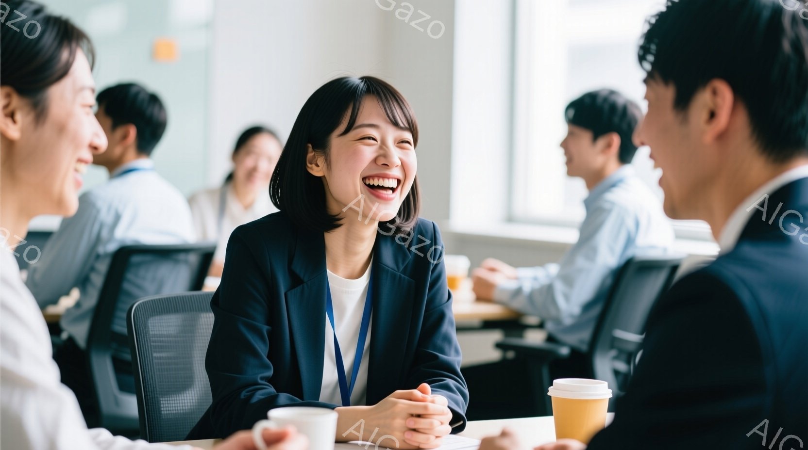 オフィスらしき場所でテーブルを囲んで座っている人々が写っている。女性は紺色のジャケットを着ており、短い黒髪で、満面の笑みを浮かべている。他の人々もビジネスウェアを着用し、リラックスした雰囲気で会話を楽しんでいる様子で、全体的に明るく活気のある空間が表現されている。