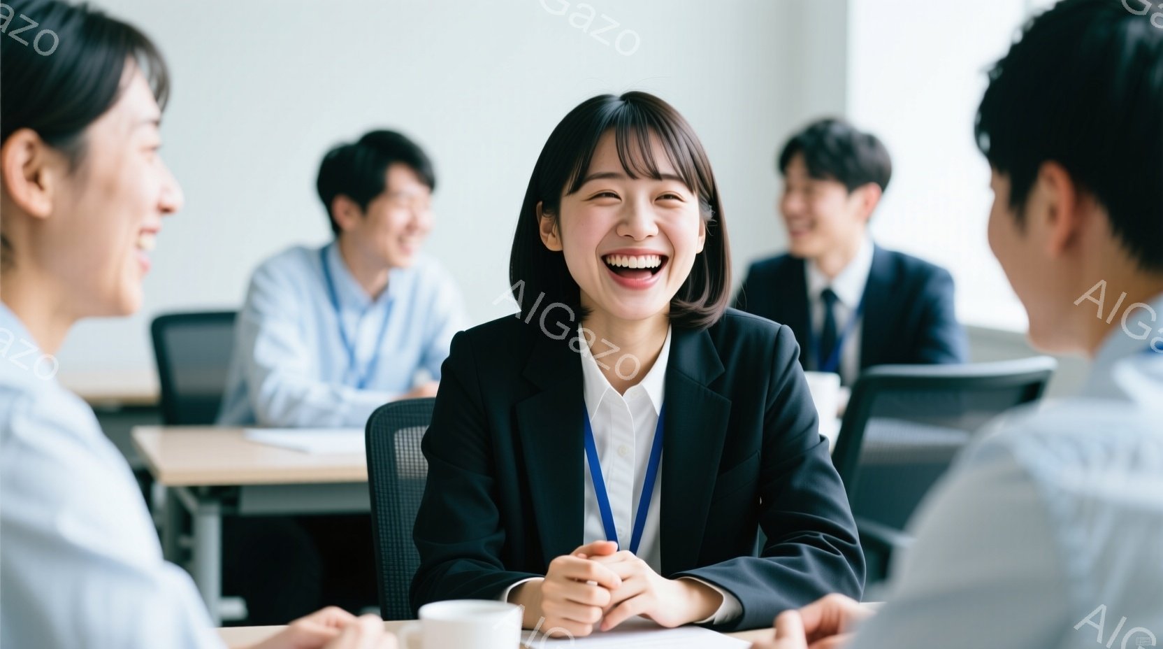 ビジネスシーンの会議中の人々が写っています。女性は黒いジャケットに白いシャツを着ており、明るい笑顔を見せています。背景には、他の参加者が座っており、室内は明るく清潔な印象を与え、全体的に和やかな雰囲気が漂っています。