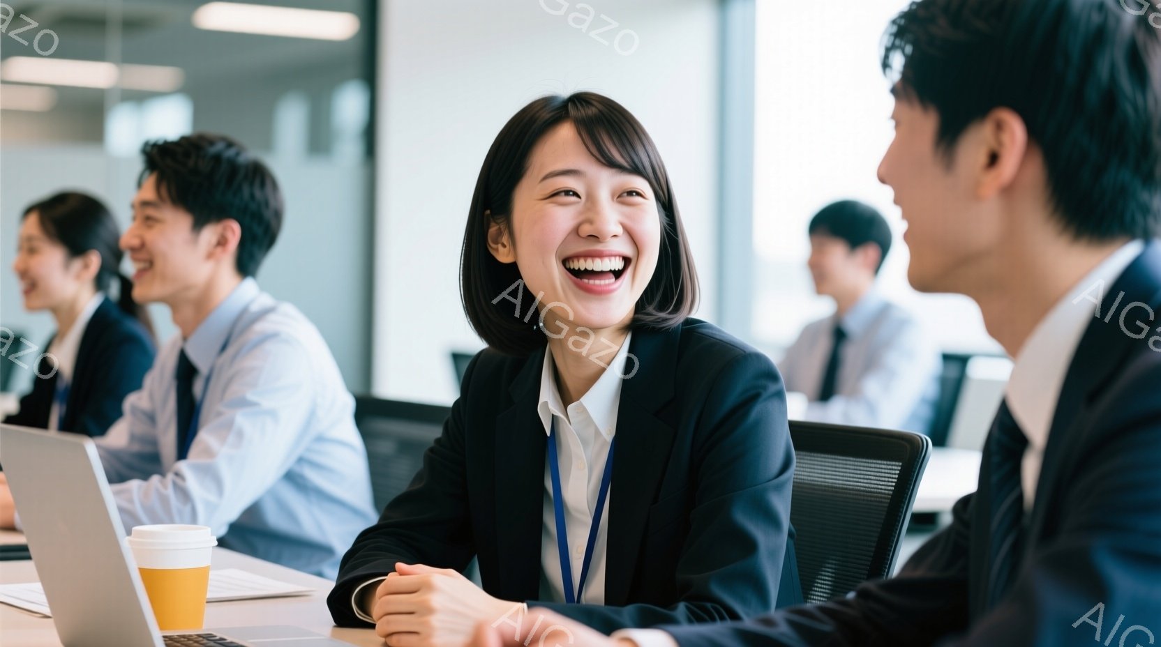 ビジネスシーンの会議室で笑顔を見せる女性が写っています。彼女は黒いジャケットに白いシャツ、首にはIDカードをかけており、短い黒髪が肩にかかっています。周囲には他のビジネスマンもおり、テーブルにはラップトップと紙コップが置かれ、明るく活気のある雰囲気が漂っています。