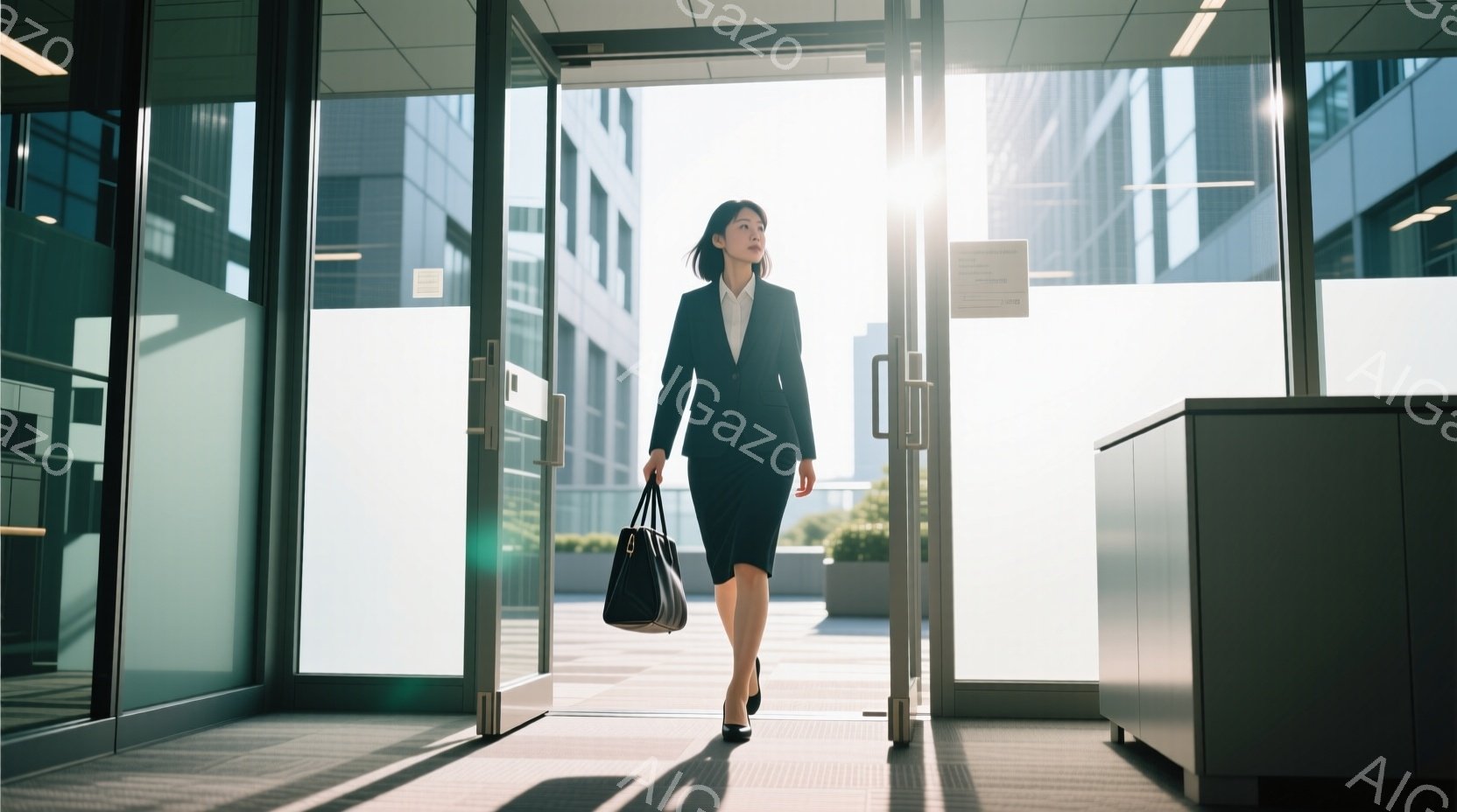 黒いスーツとスカートを着用した女性が、ガラス張りの建物の入り口を歩いている。彼女は黒いハンドバッグを持ち、自信に満ちた足取りで前進しており、ビジネスシーンにおけるプロフェッショナルな印象を与える。背景 - AI生成フリー素材